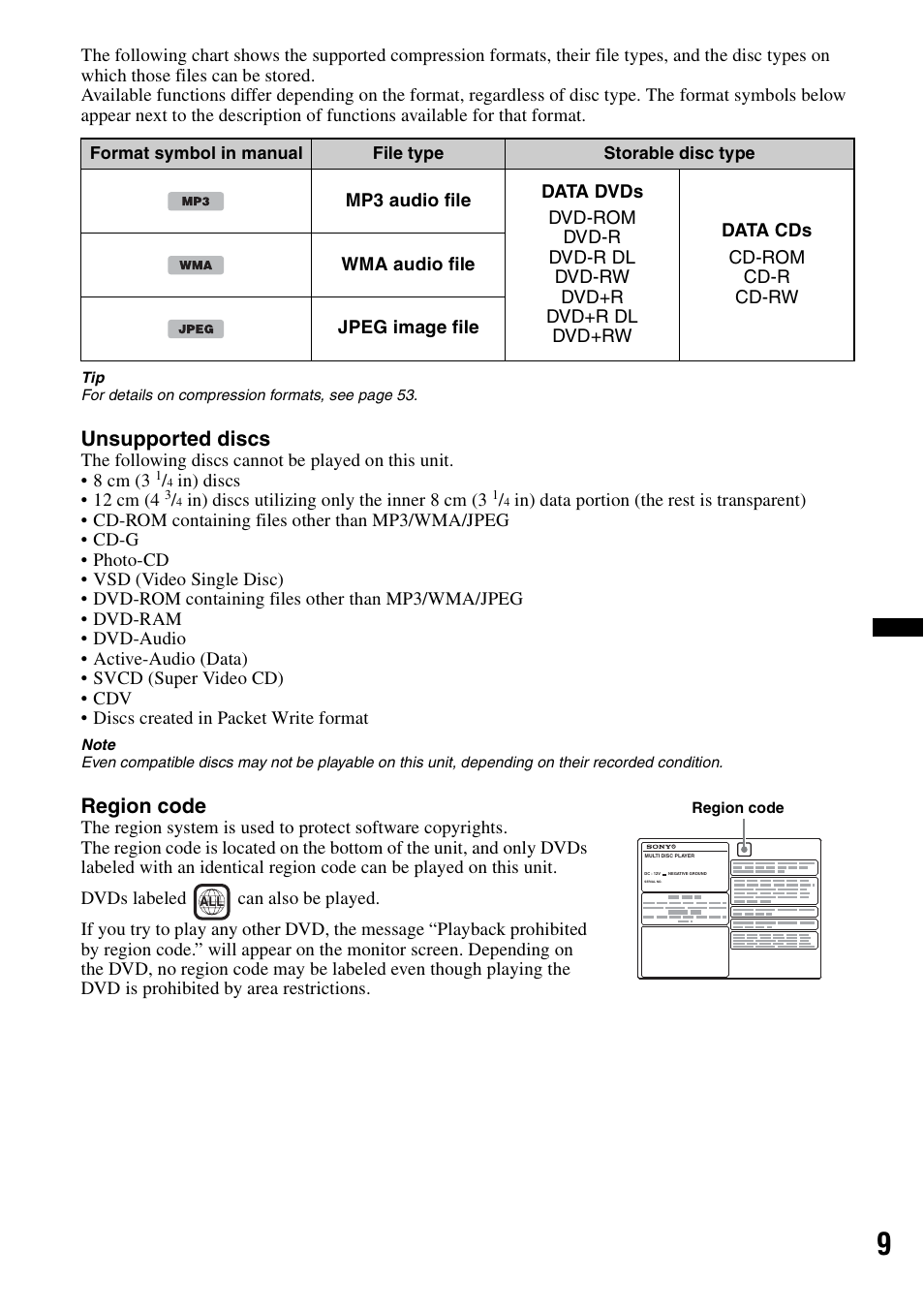 Unsupported discs, Region code | Sony MEX-DV2200 User Manual | Page 9 / 192