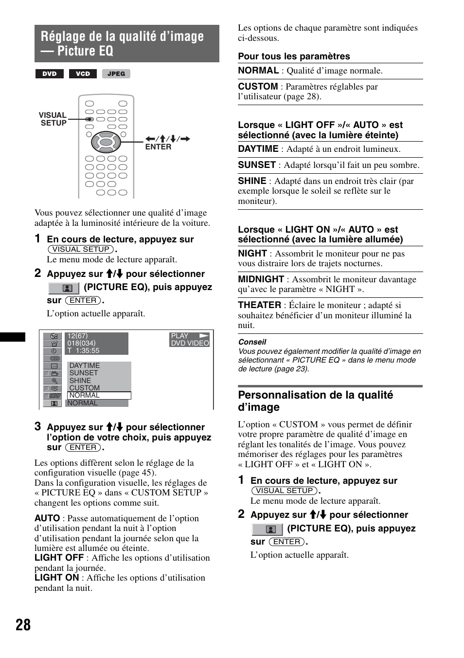 Réglage de la qualité d’image - picture eq, Personnalisation de la qualité d’image, Réglage de la qualité d’image — picture eq | E eq 28 | Sony MEX-DV2200 User Manual | Page 90 / 192