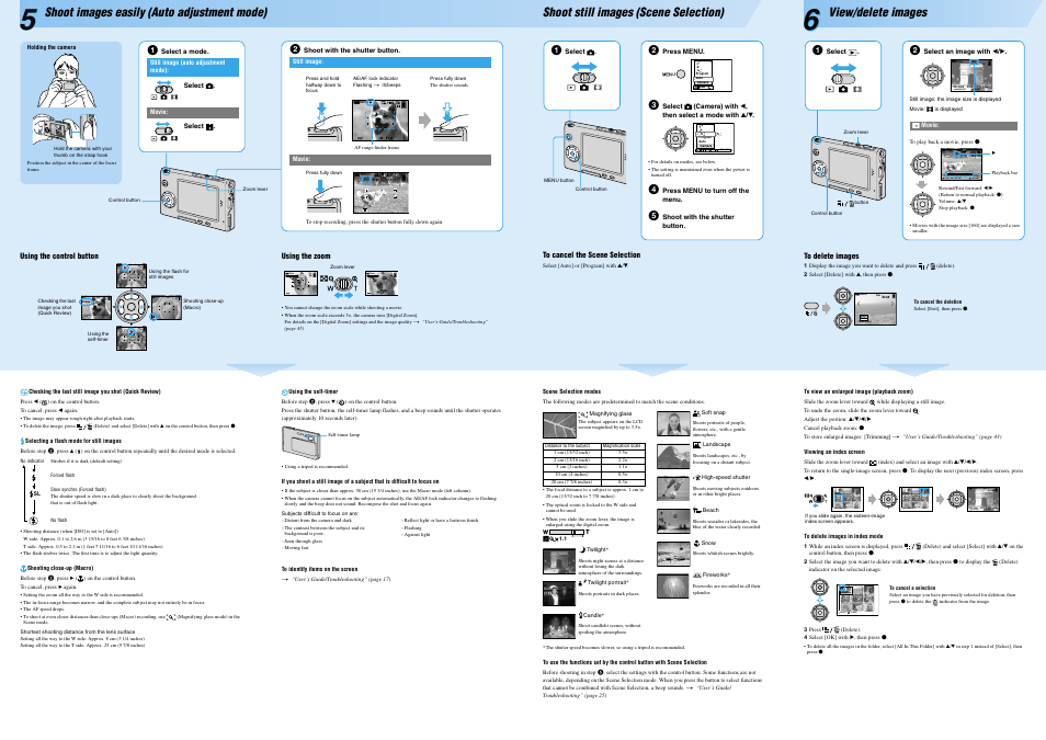 60min, Mode, Wb iso | Back/next, Volume vga, Std 6 4 0 stop rev/cue volume, Single display, Shoot images easily (auto adjustment mode), Shoot still images (scene selection), View/delete images | Sony DSC-T7 User Manual | Page 2 / 2