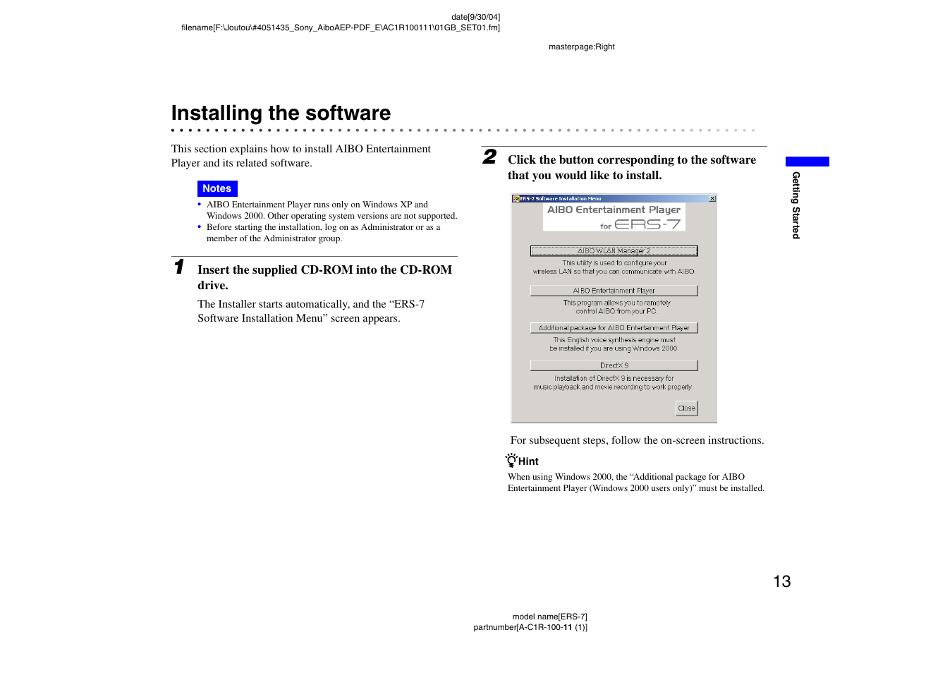 Installing the software | Sony ERS-7M2 User Manual | Page 13 / 81