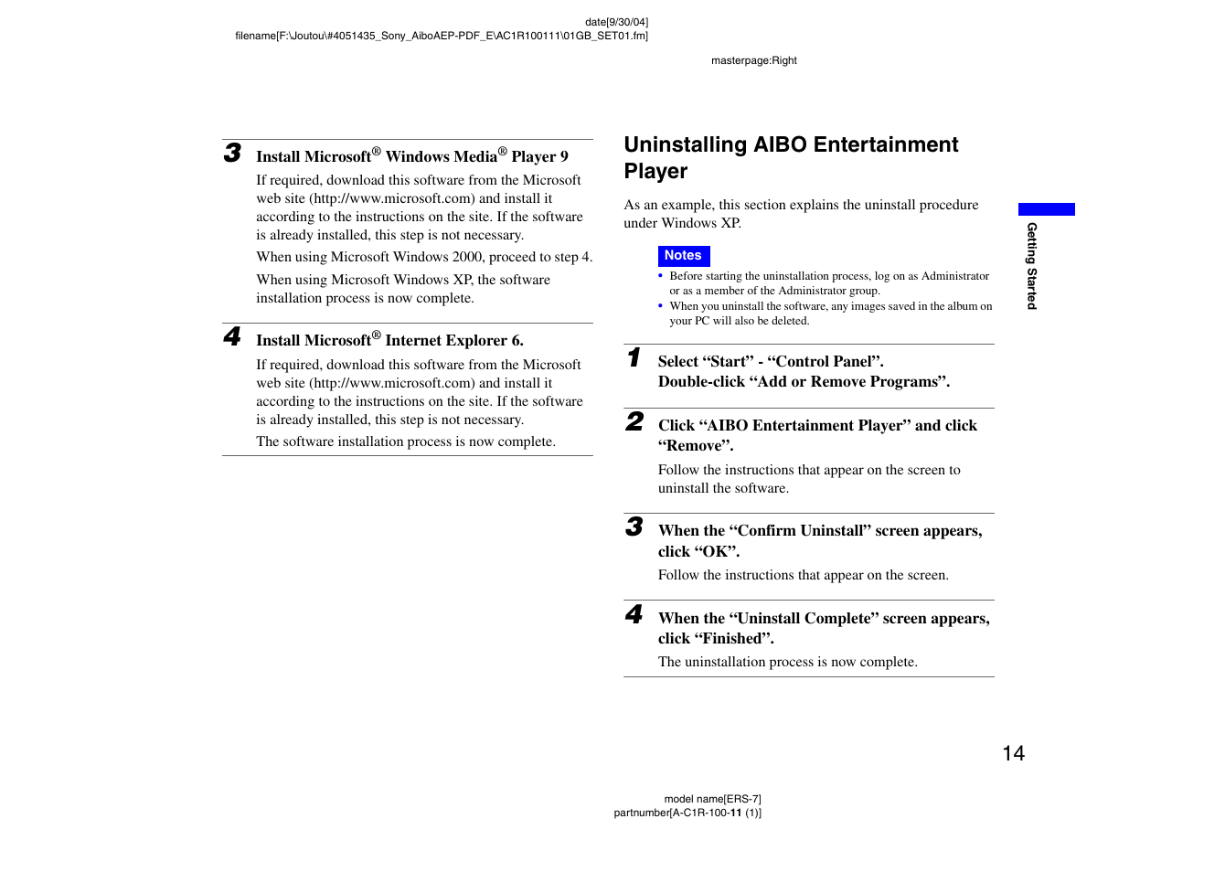 Uninstalling aibo entertainment player | Sony ERS-7M2 User Manual | Page 14 / 81