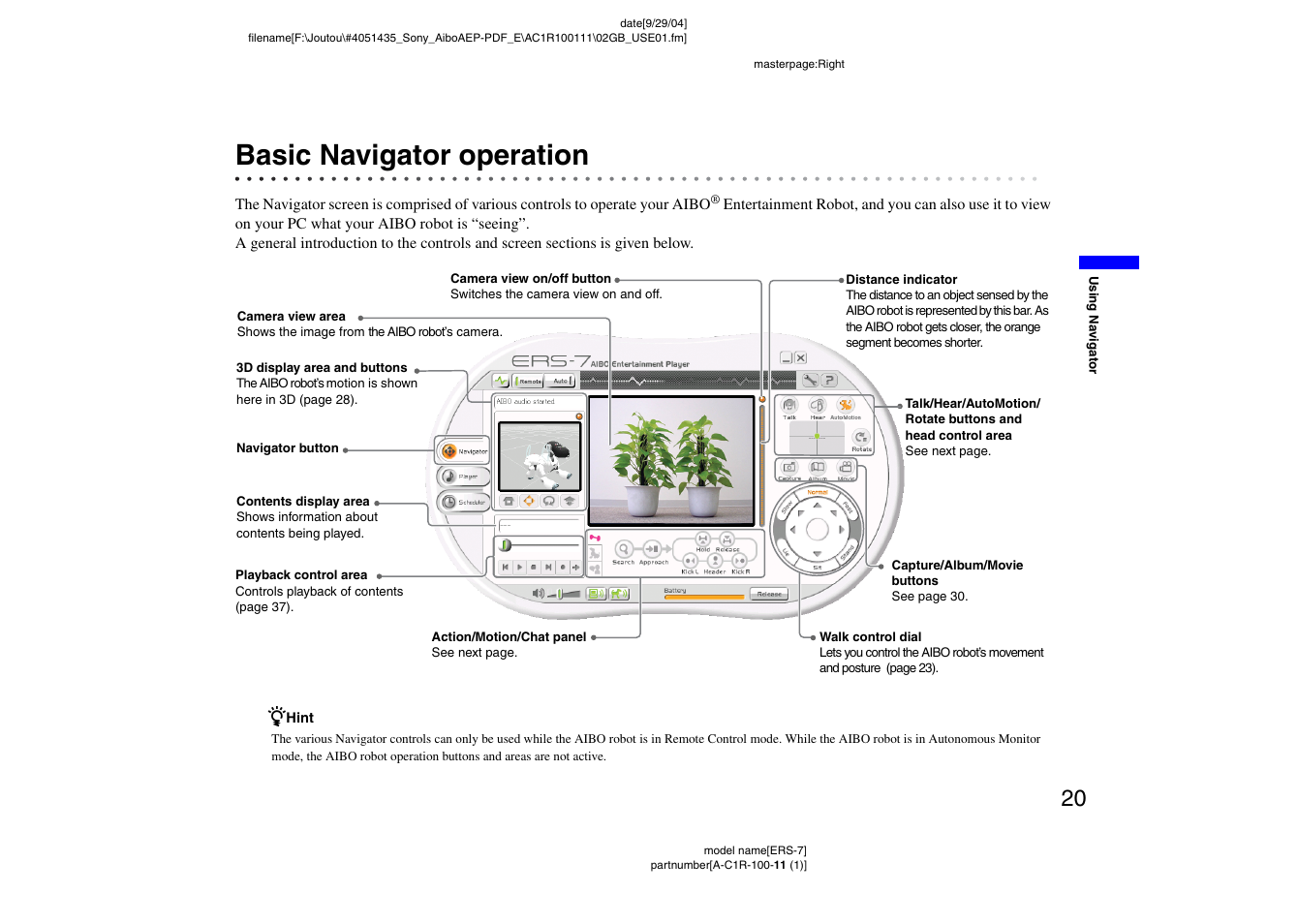 Basic navigator operation | Sony ERS-7M2 User Manual | Page 20 / 81