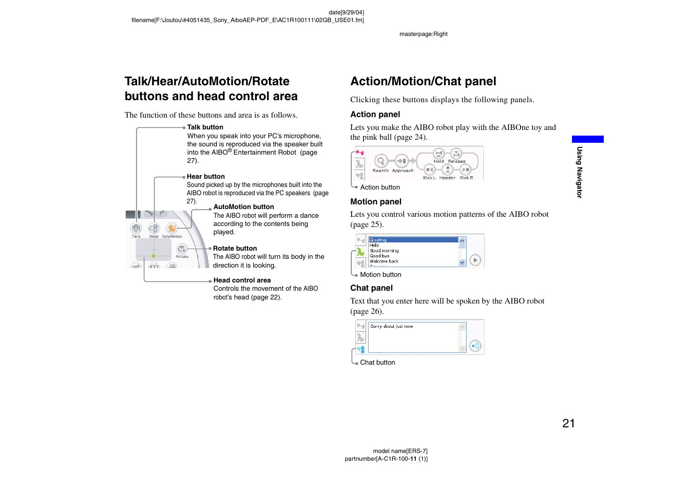 Action/motion/chat panel | Sony ERS-7M2 User Manual | Page 21 / 81