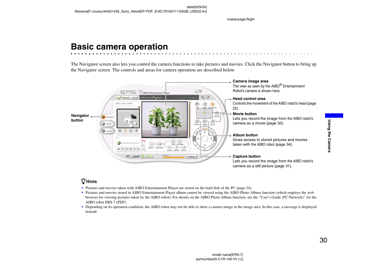Basic camera operation | Sony ERS-7M2 User Manual | Page 30 / 81