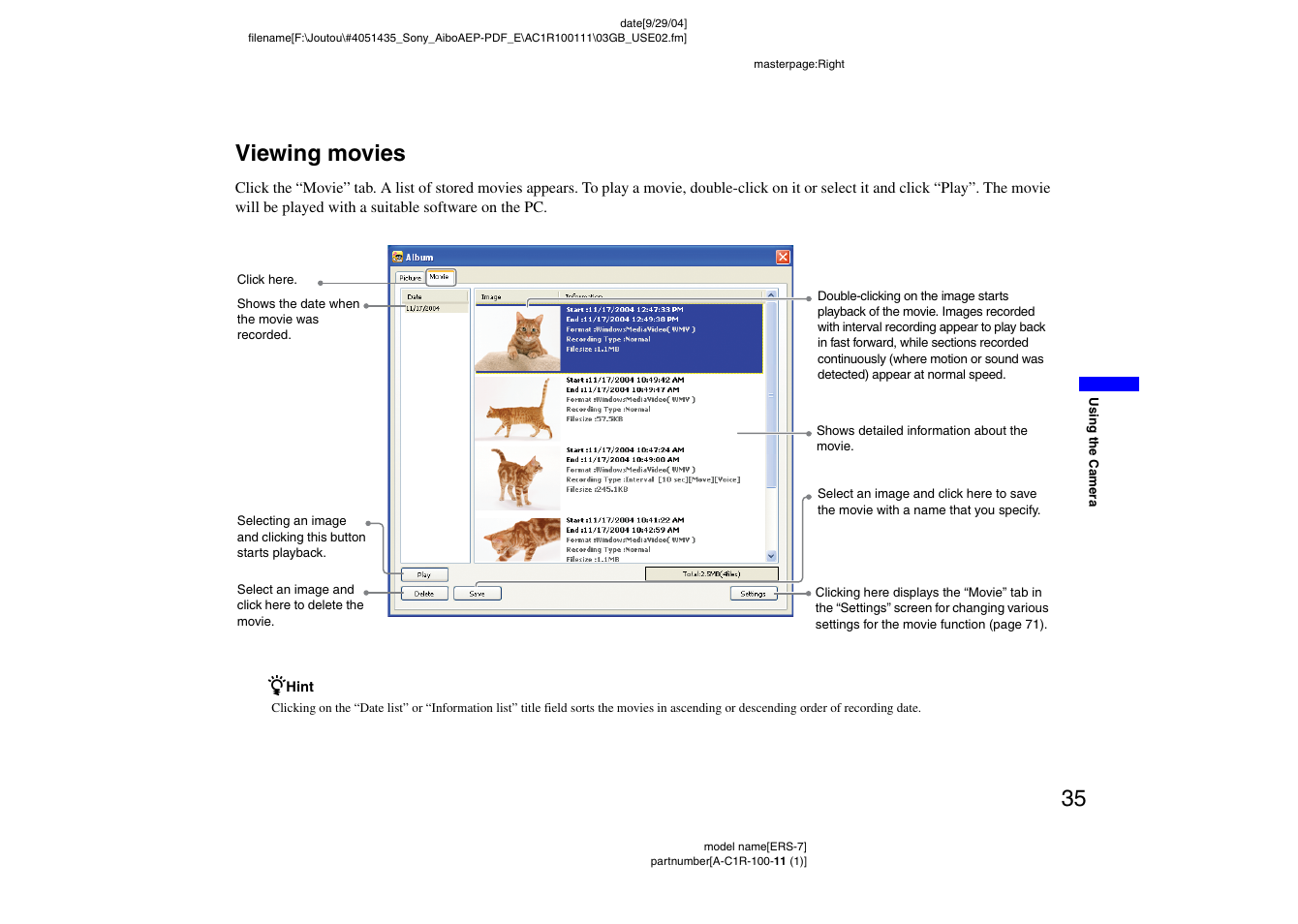 Viewing movies, 35 viewing movies | Sony ERS-7M2 User Manual | Page 35 / 81