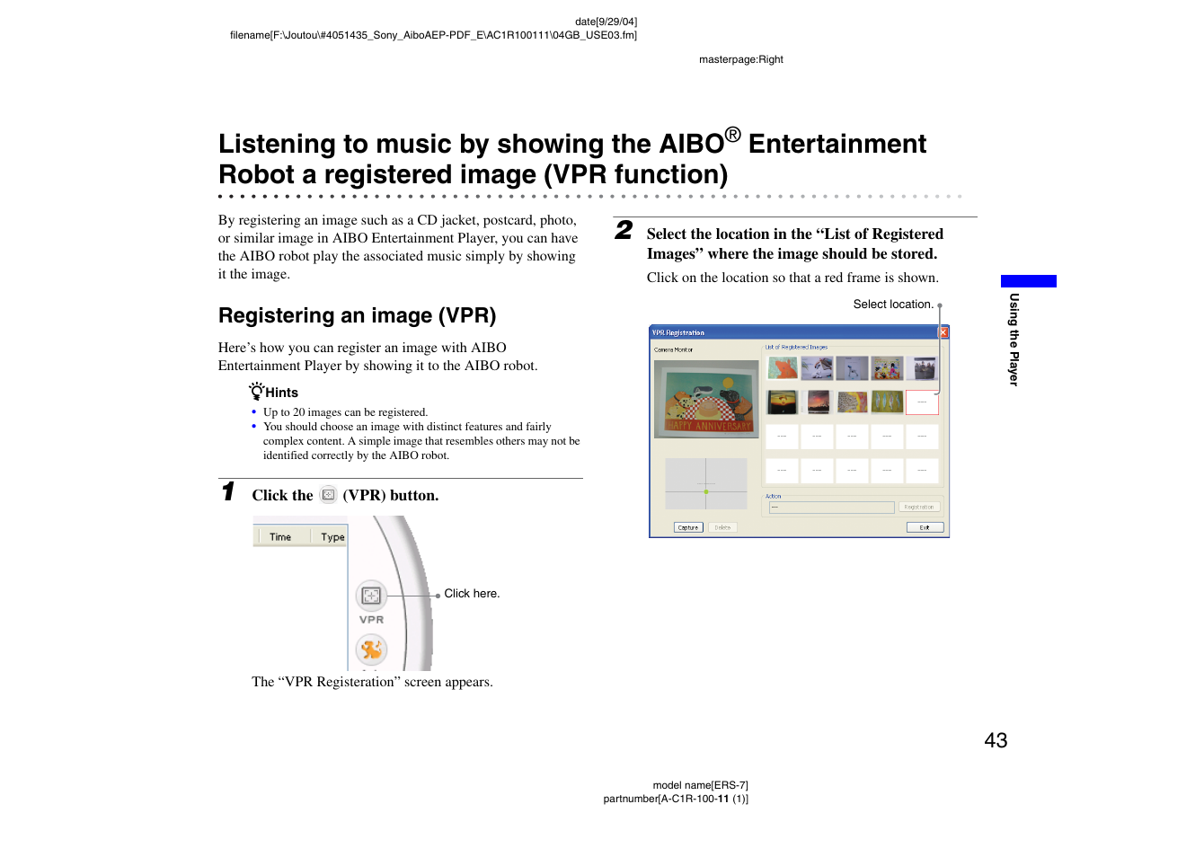 Registering an image (vpr), Listening to music by showing the aibo, Entertainment | Robot a registered image (vpr function) | Sony ERS-7M2 User Manual | Page 43 / 81