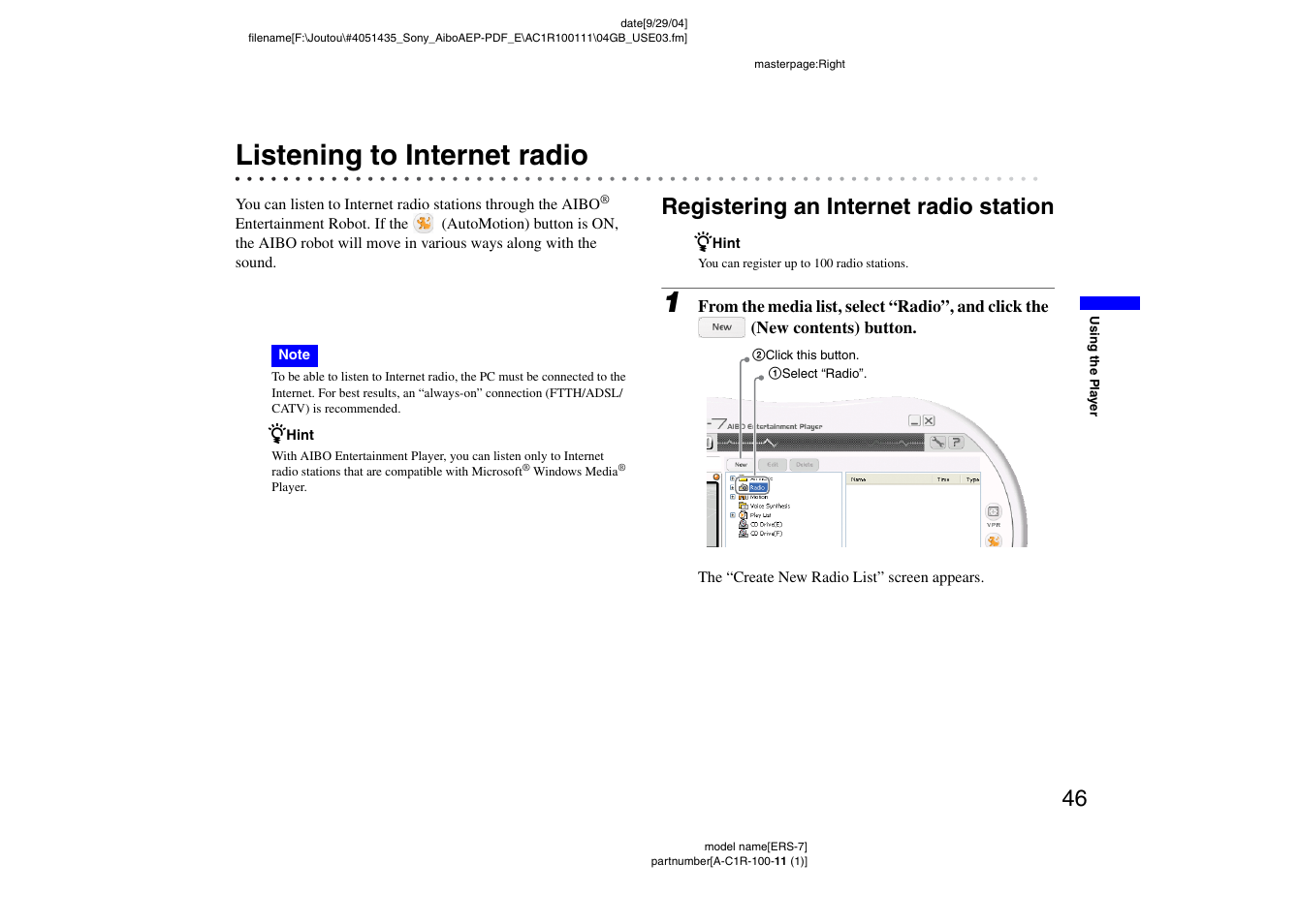 Listening to internet radio, Registering an internet radio station | Sony ERS-7M2 User Manual | Page 46 / 81