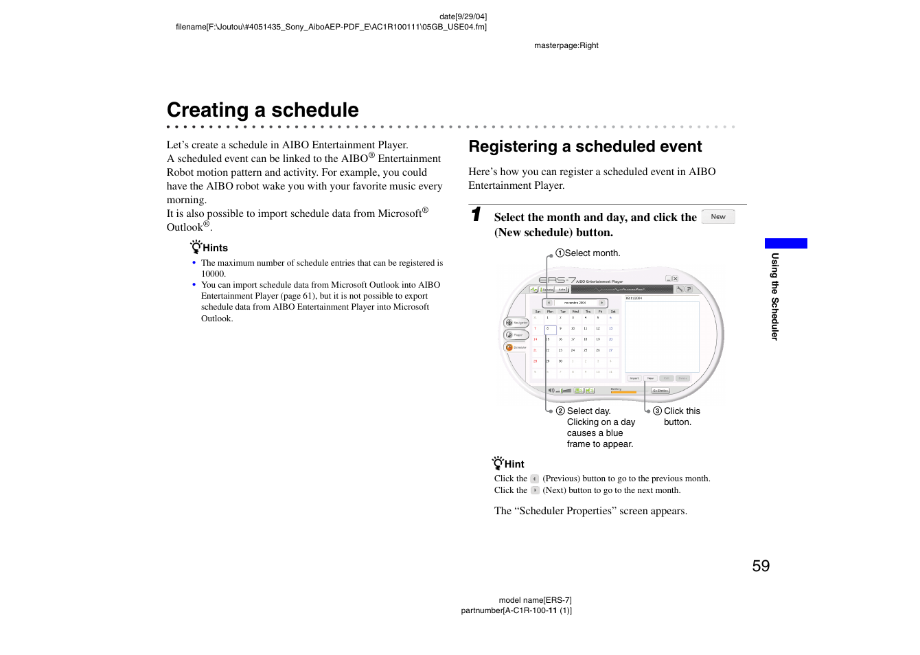 Creating a schedule, Registering a scheduled event | Sony ERS-7M2 User Manual | Page 59 / 81