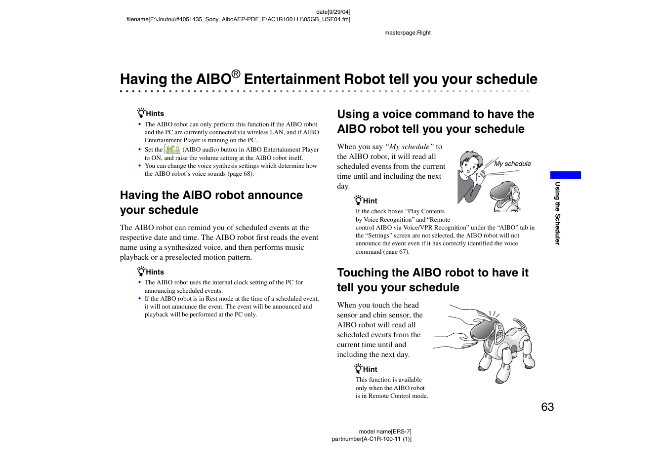 Having the aibo robot announce your schedule, Having the aibo, Entertainment robot tell you your | Schedule, Entertainment robot tell you your schedule | Sony ERS-7M2 User Manual | Page 63 / 81