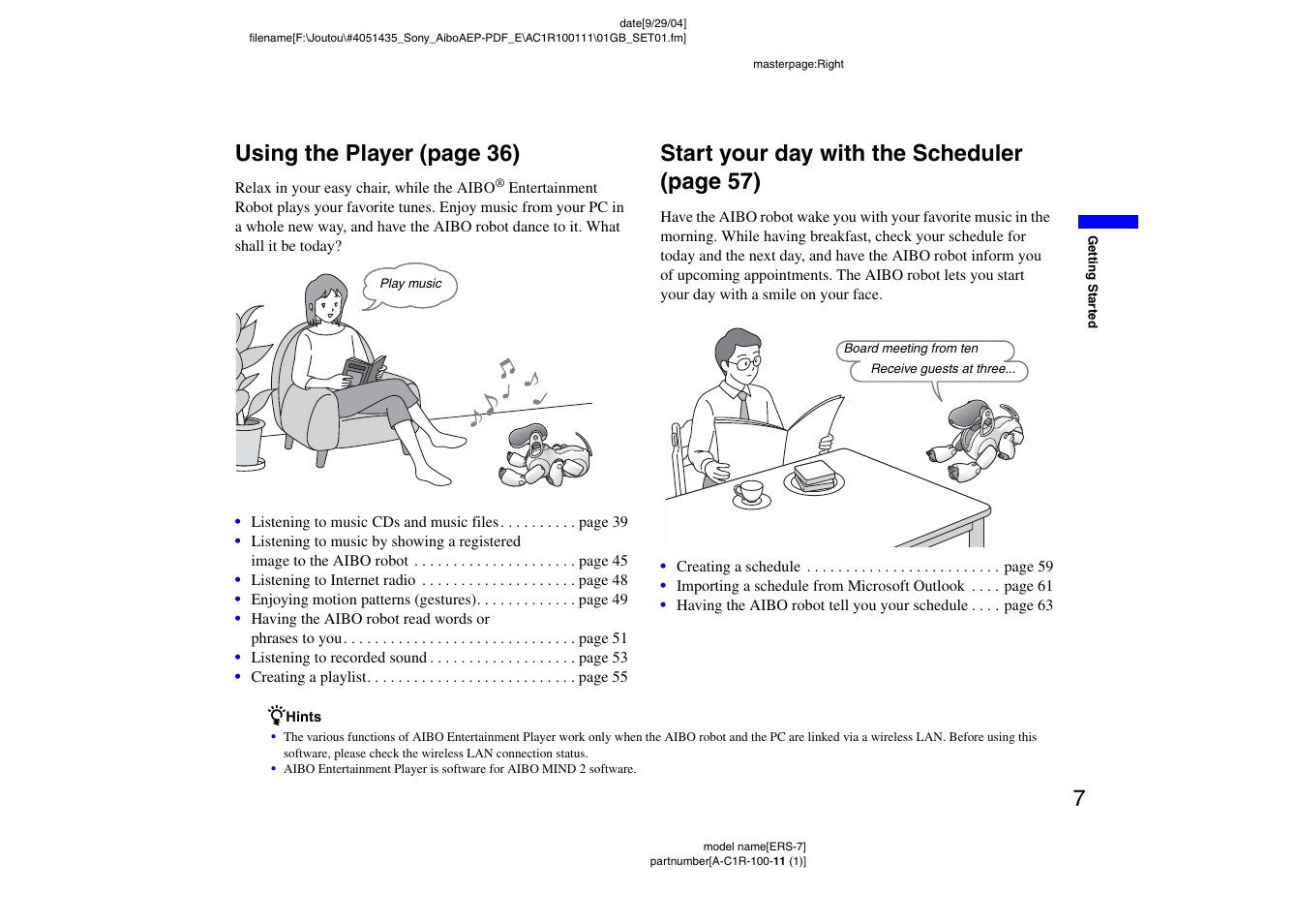 Using the player start your day with the scheduler, 7using the play er (page 36), Start your day with the sc heduler (page 57) | Sony ERS-7M2 User Manual | Page 7 / 81