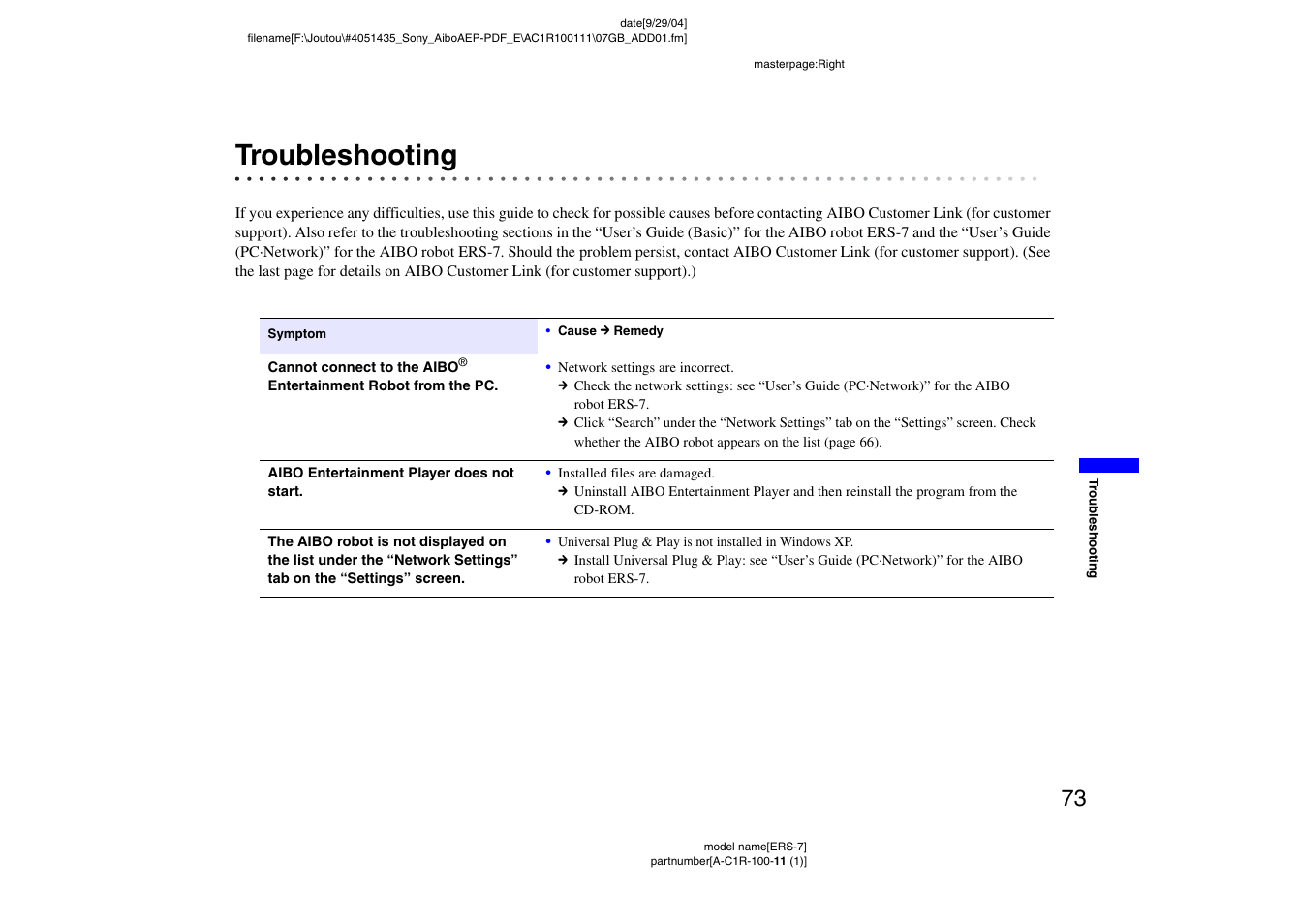 Troubleshooting | Sony ERS-7M2 User Manual | Page 73 / 81