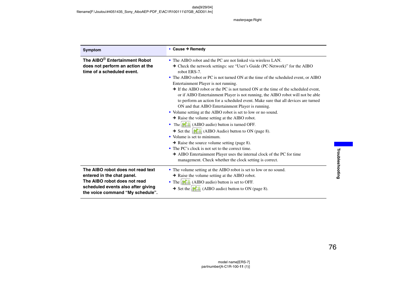 Sony ERS-7M2 User Manual | Page 76 / 81