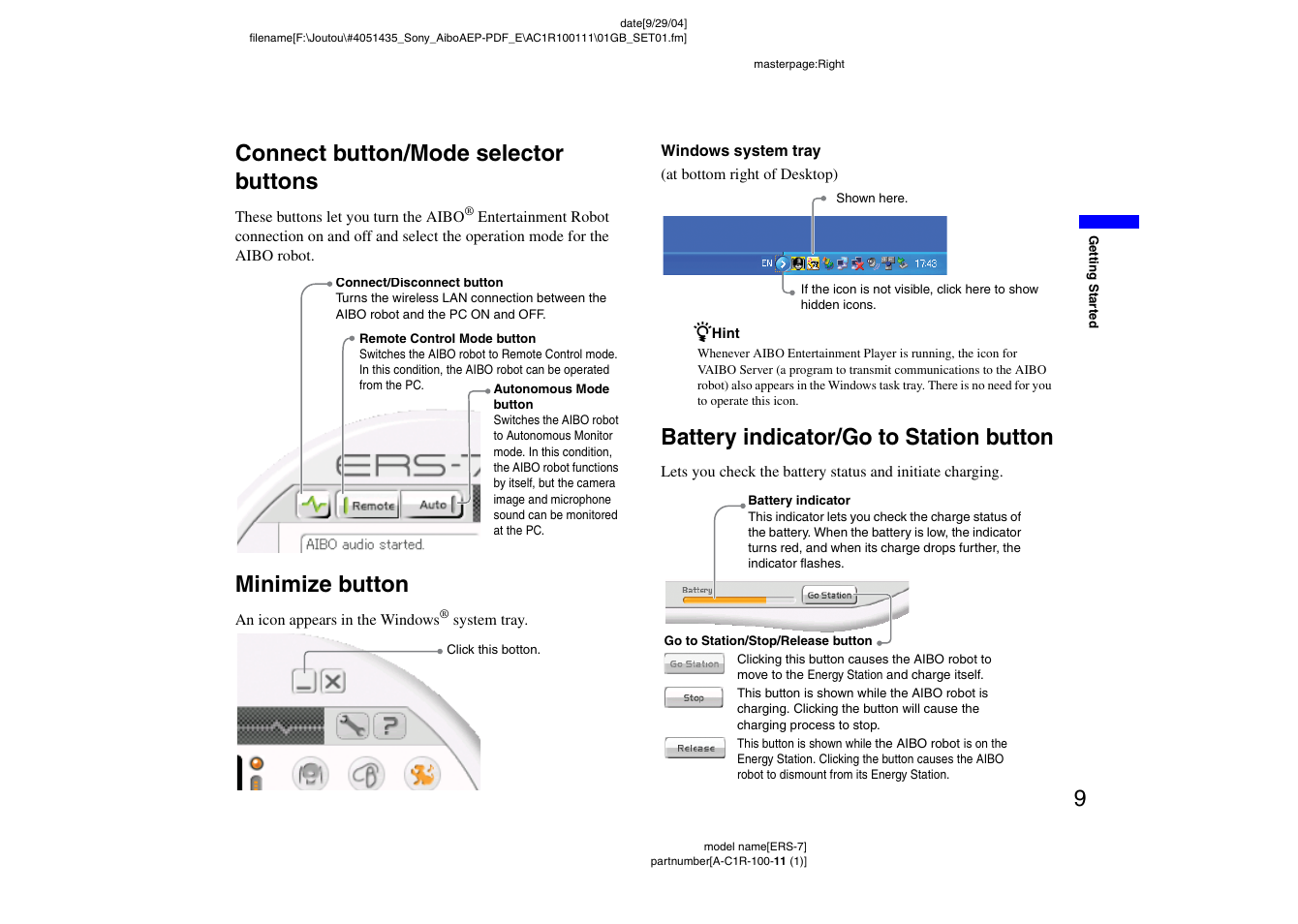 9connect button/mode selector buttons, Minimize button, Battery indicator/go to station button | Sony ERS-7M2 User Manual | Page 9 / 81