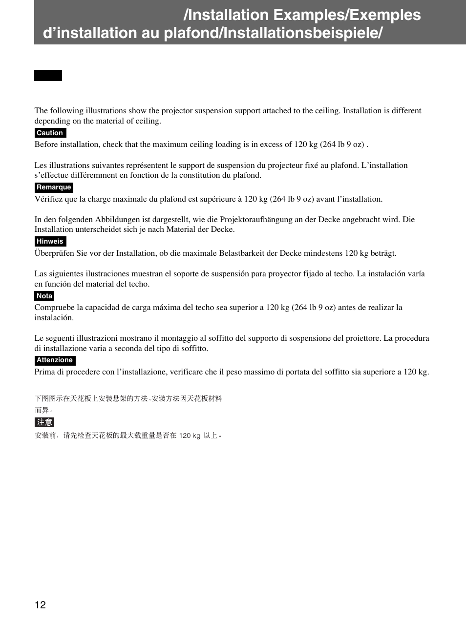 天井への取り付け例, Installation examples, Exemples d’installation au plafond | Installationsbeispiele, Ejemplos de instalación en el techo, Esempi di installazione al soffitto | Sony PSS-H10 User Manual | Page 12 / 20