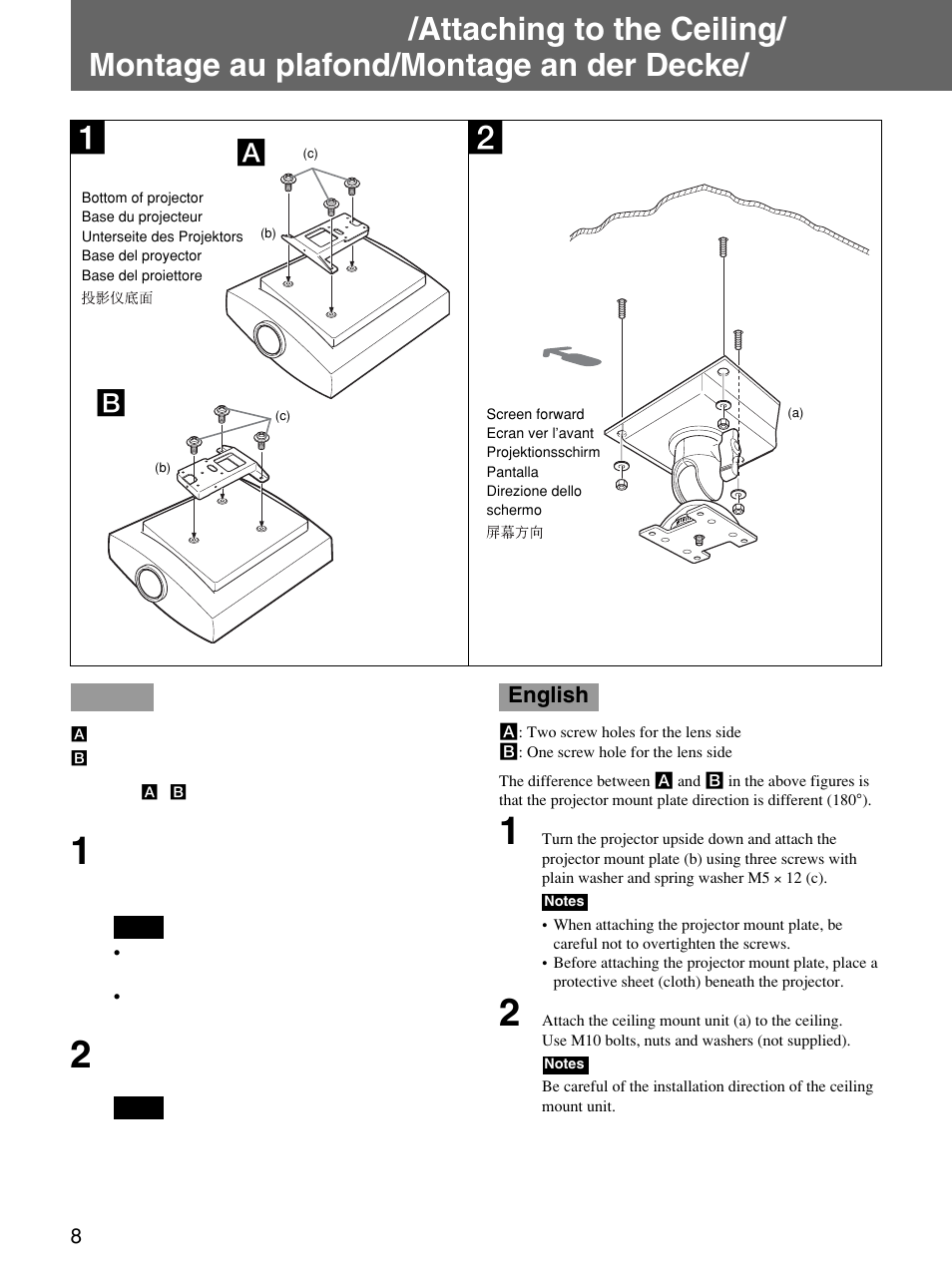 天井への取り付けかた, Attaching to the ceiling, English | Sony PSS-H10 User Manual | Page 8 / 20