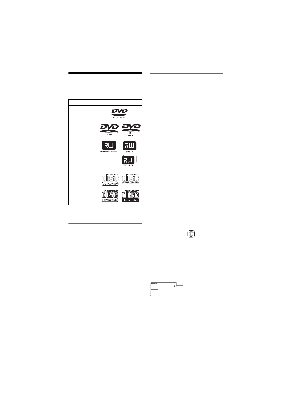 L1 - this player can play the following discs, This player can play the following discs, Example of discs that the player cannot play | Region code | Sony DVP-NS75H User Manual | Page 8 / 78