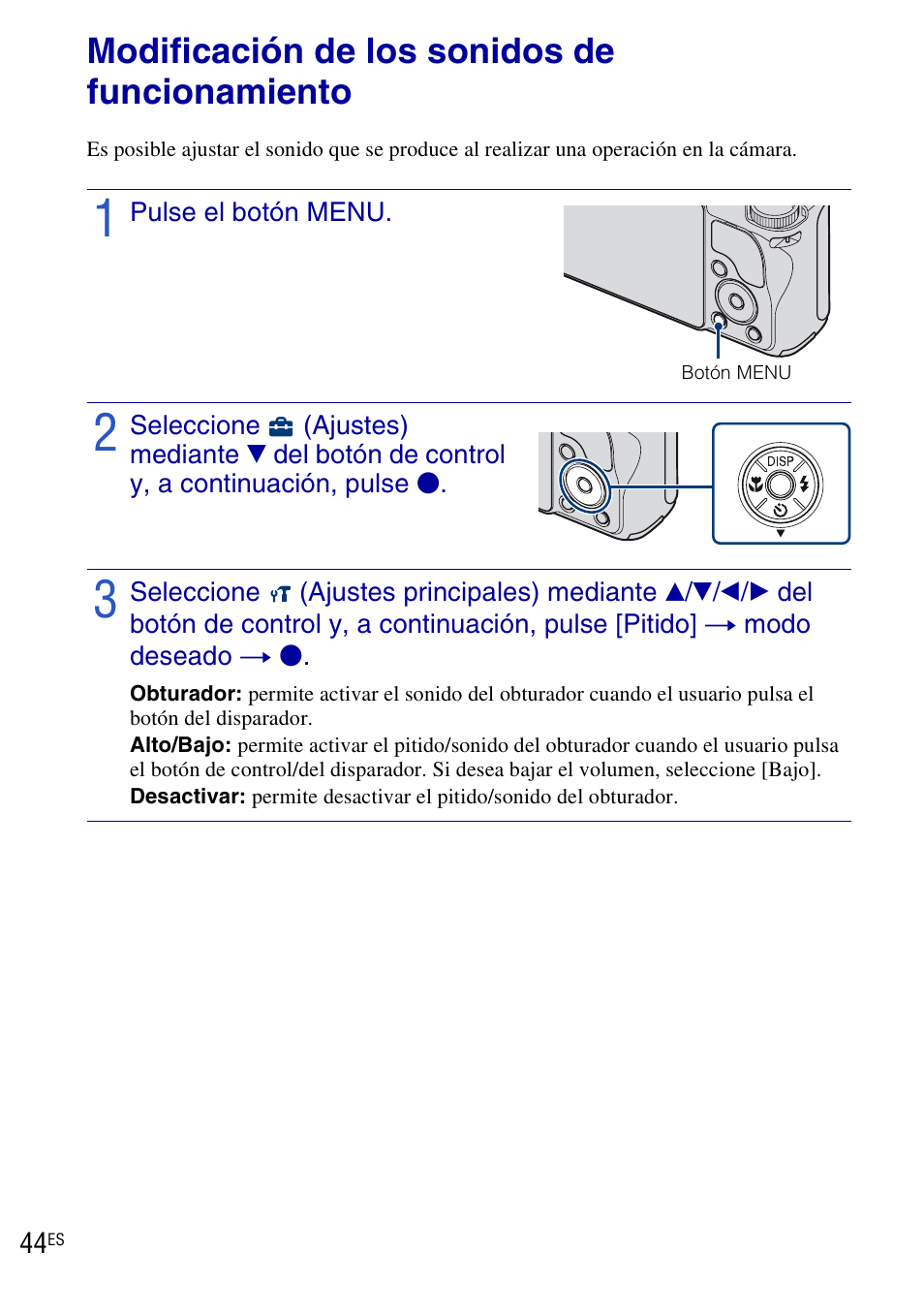 Modificación de los ajustes de la cámara, Modificación de los sonidos de funcionamiento | Sony DSC-H20 User Manual | Page 102 / 120