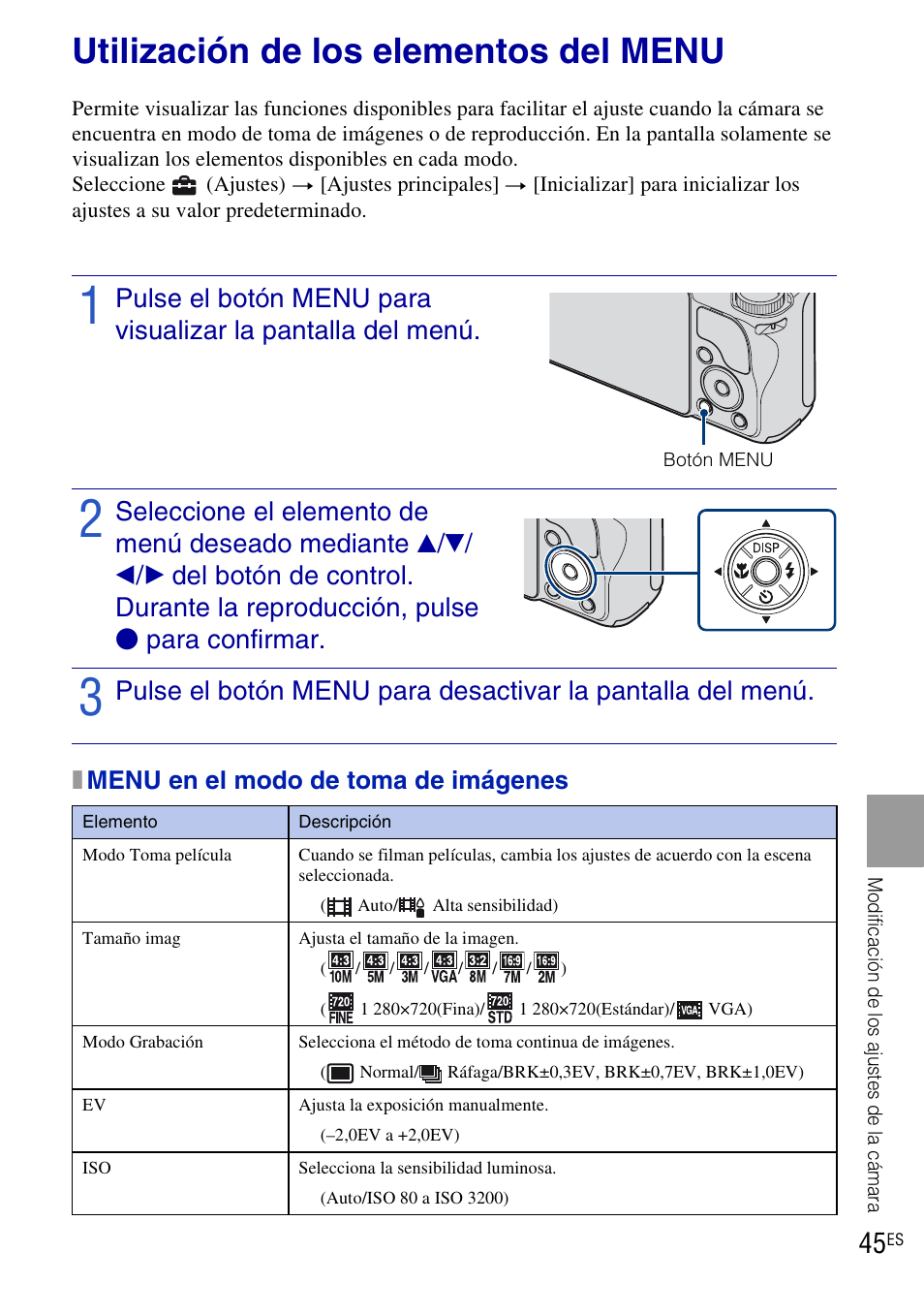 Utilización de los elementos del menu, Xmenu en el modo de toma de imágenes | Sony DSC-H20 User Manual | Page 103 / 120