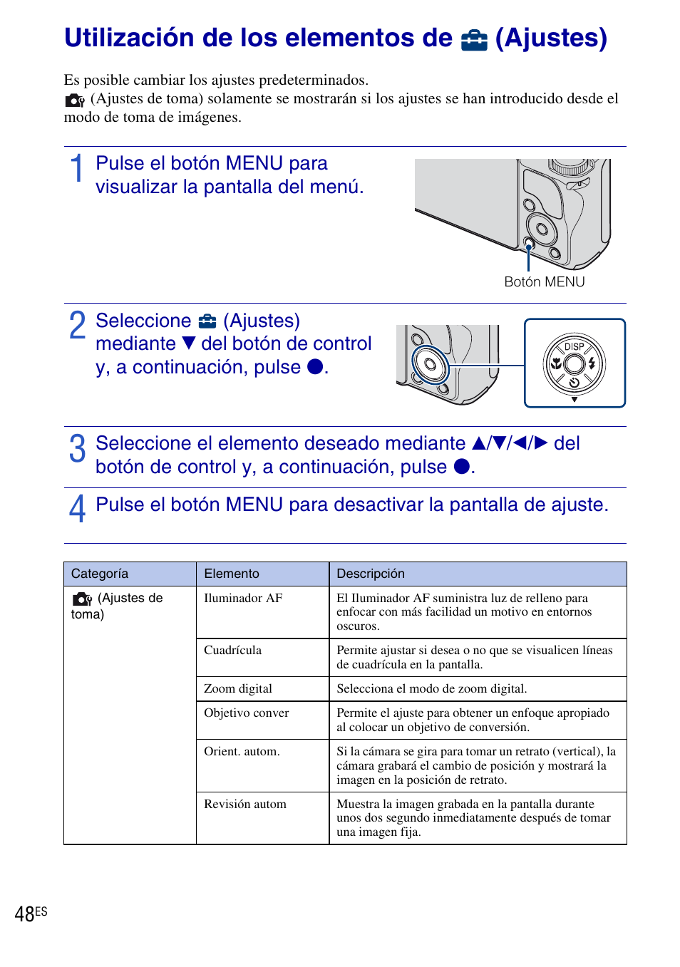 Utilización de los elementos de (ajustes), Utilización de los elementos de, Ajustes) | Sony DSC-H20 User Manual | Page 106 / 120