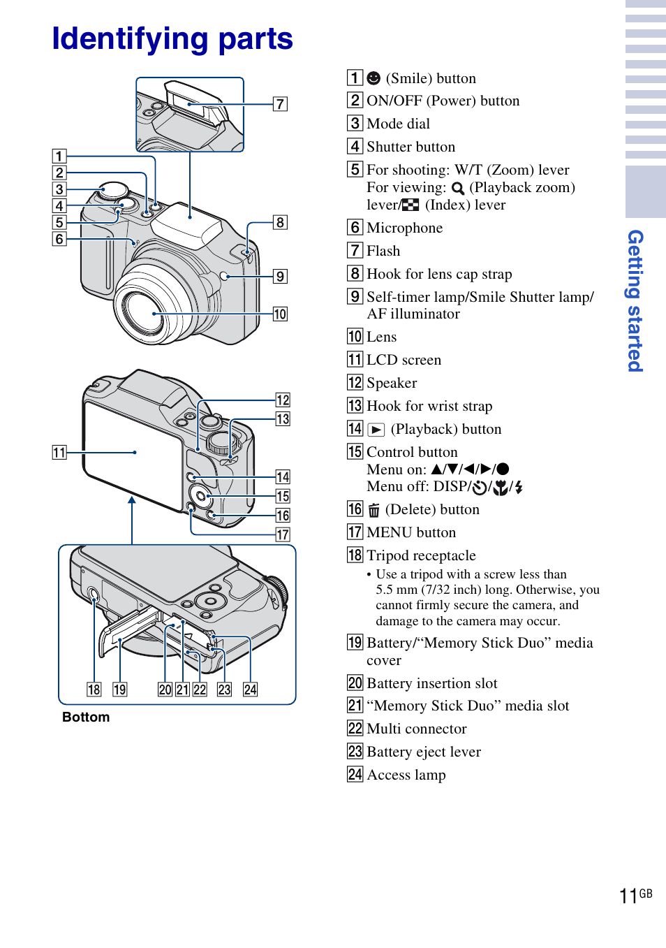 Identifying parts, Get ting st art ed | Sony DSC-H20 User Manual | Page 11 / 120