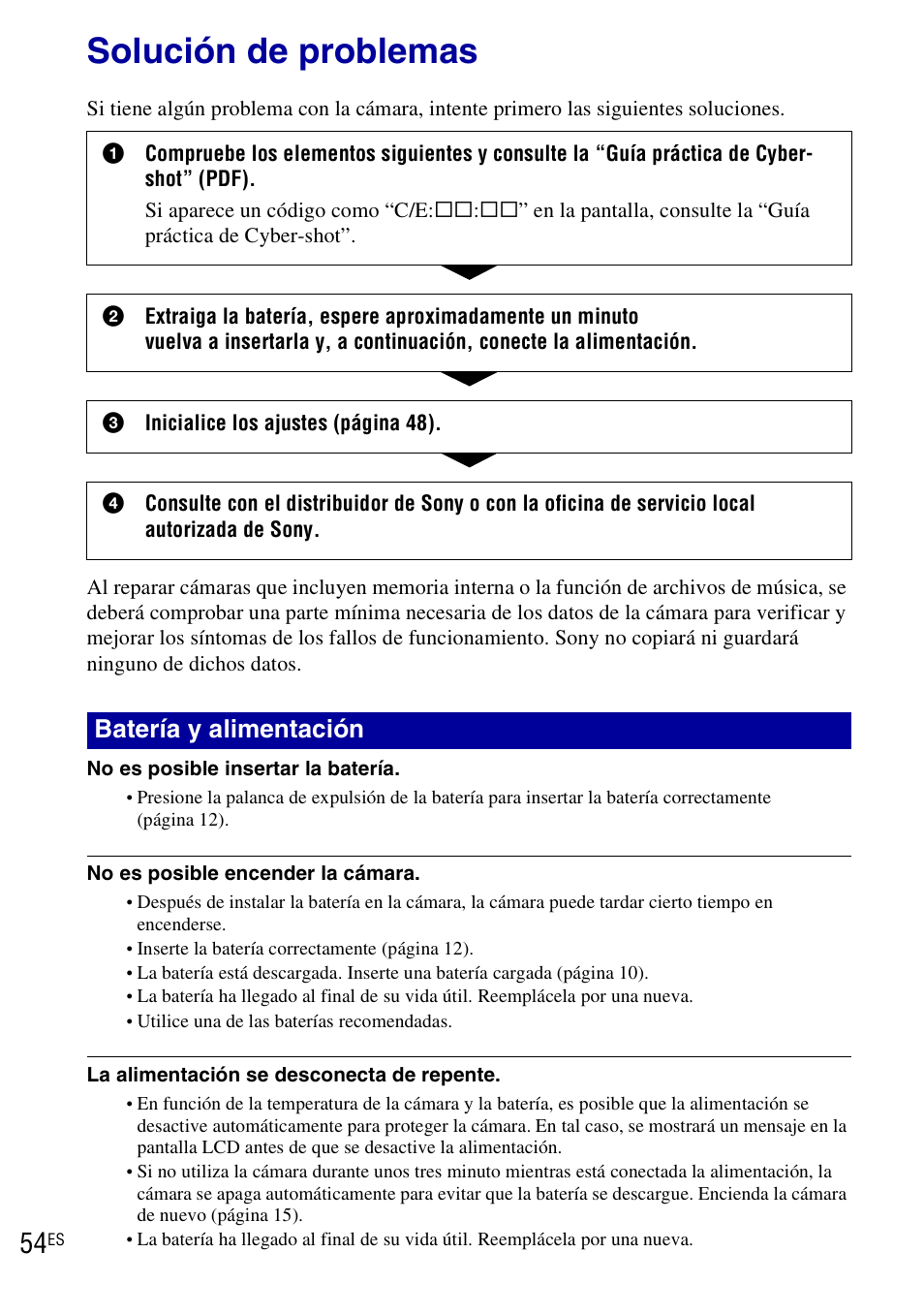 Solución de problemas, Batería y alimentación | Sony DSC-H20 User Manual | Page 112 / 120