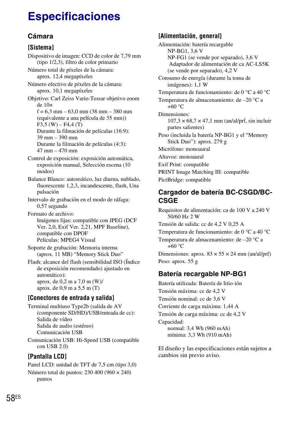 Especificaciones | Sony DSC-H20 User Manual | Page 116 / 120