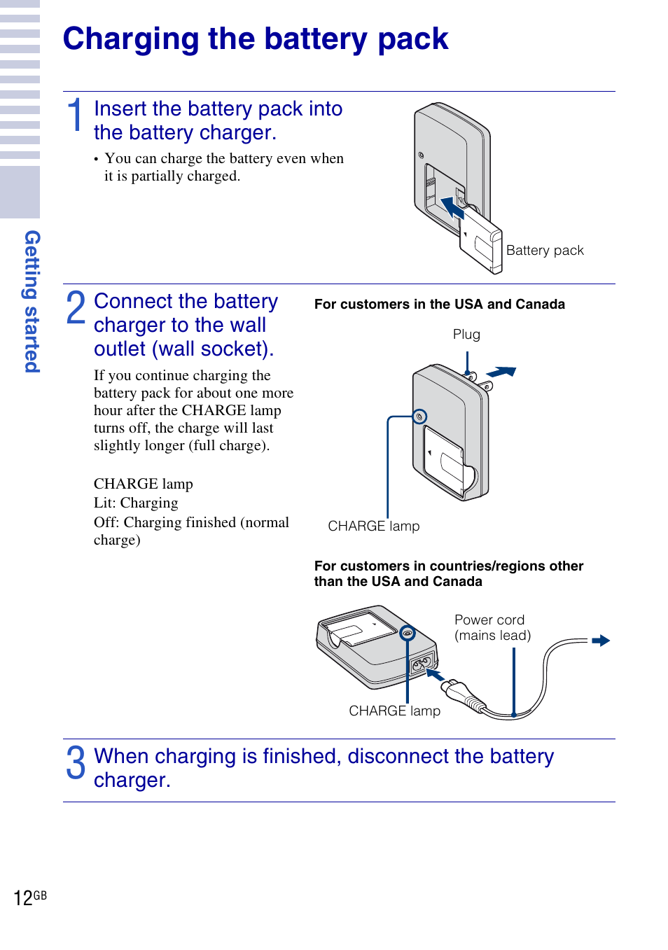 Charging the battery pack | Sony DSC-H20 User Manual | Page 12 / 120