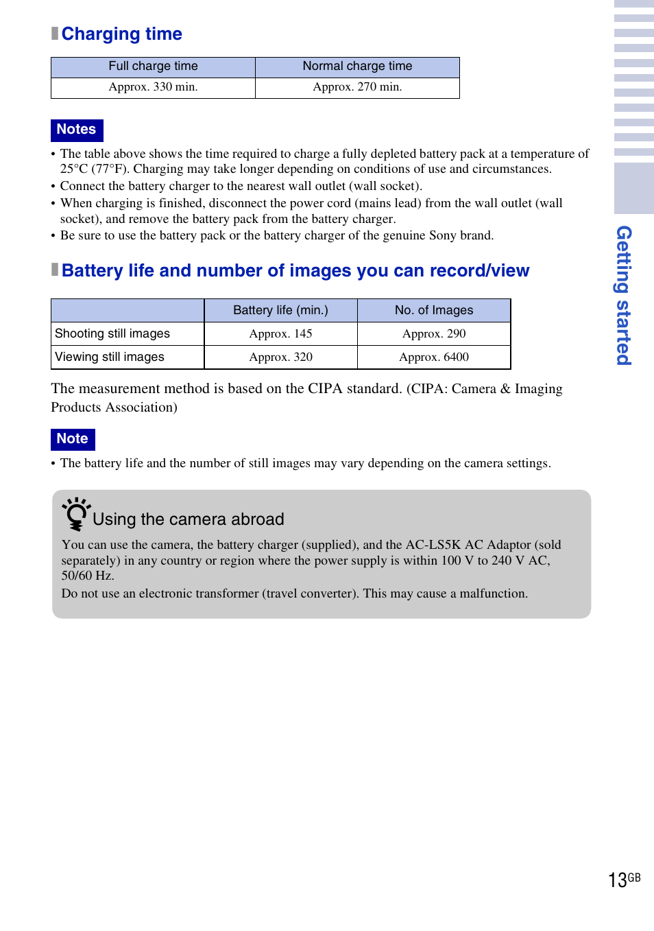 Get ting st art ed, Xcharging time | Sony DSC-H20 User Manual | Page 13 / 120