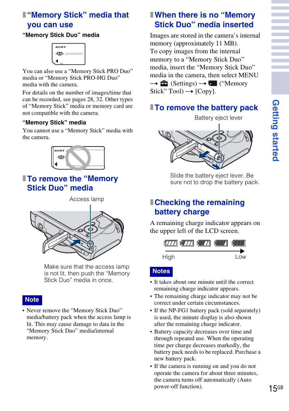 Get ting st art ed 15 | Sony DSC-H20 User Manual | Page 15 / 120