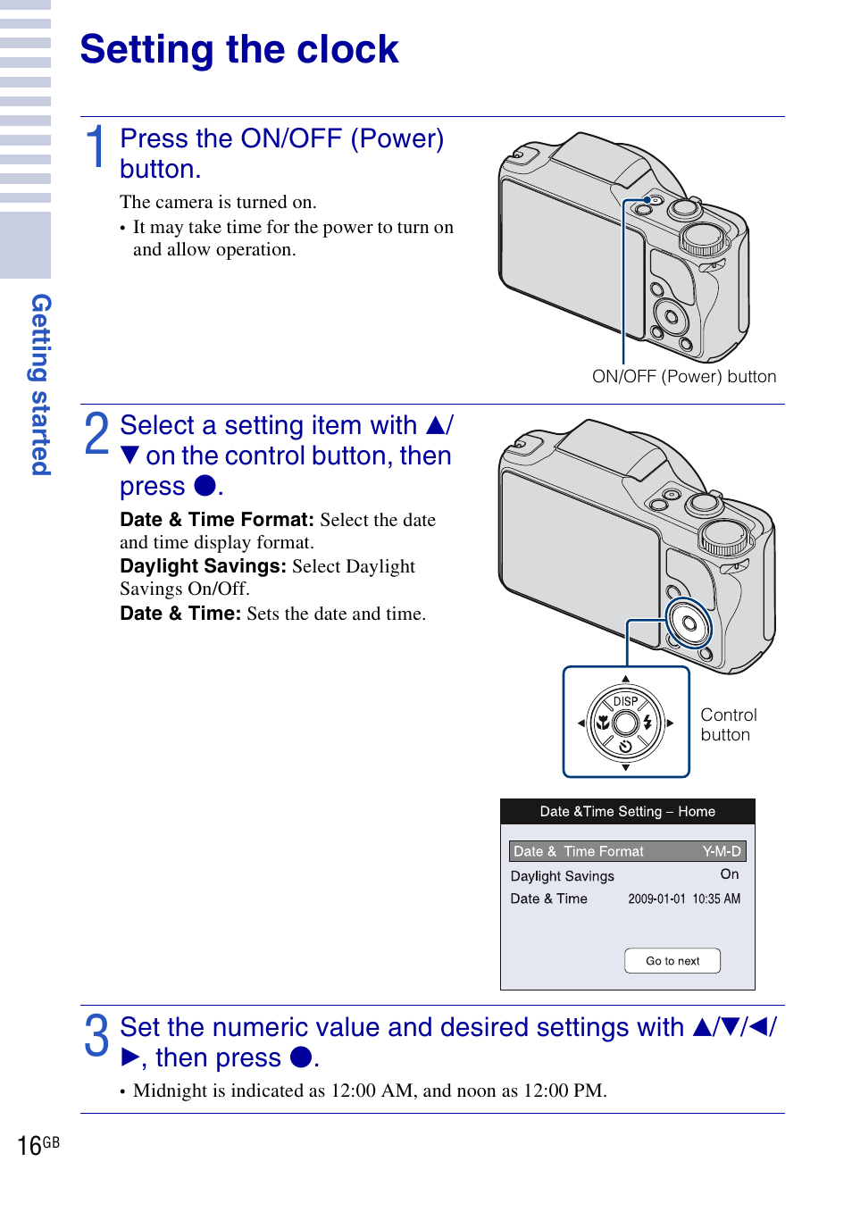 Setting the clock | Sony DSC-H20 User Manual | Page 16 / 120