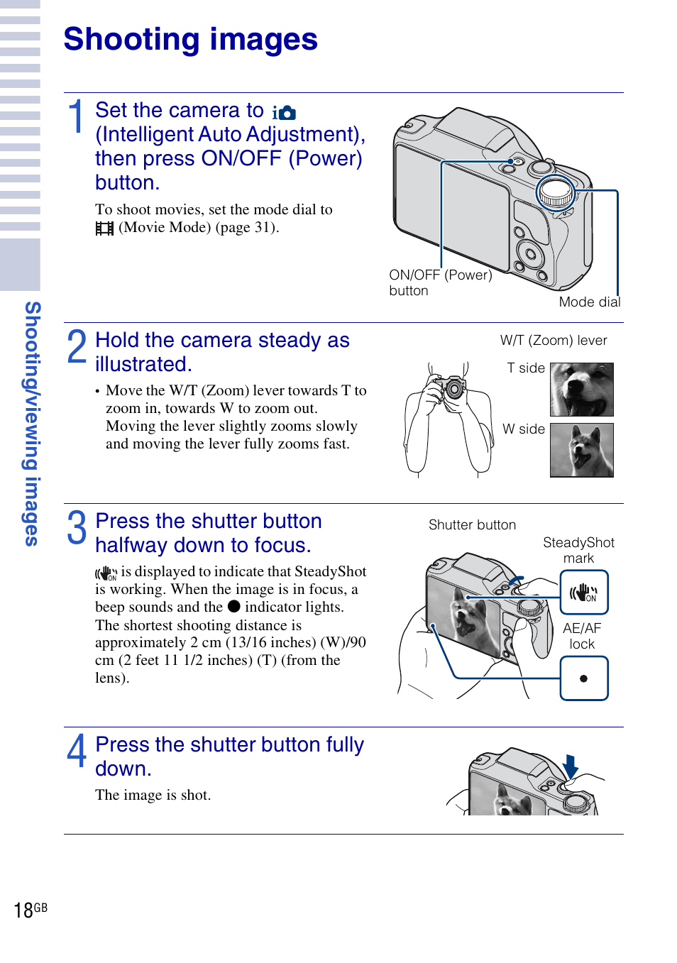 Shooting/viewing images, Shooting images | Sony DSC-H20 User Manual | Page 18 / 120