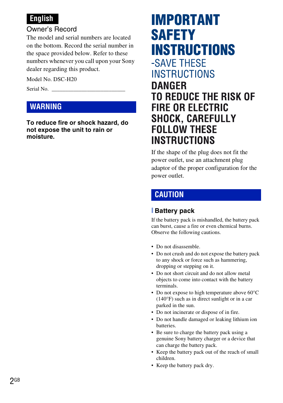 Important safety instructions, English warning caution | Sony DSC-H20 User Manual | Page 2 / 120