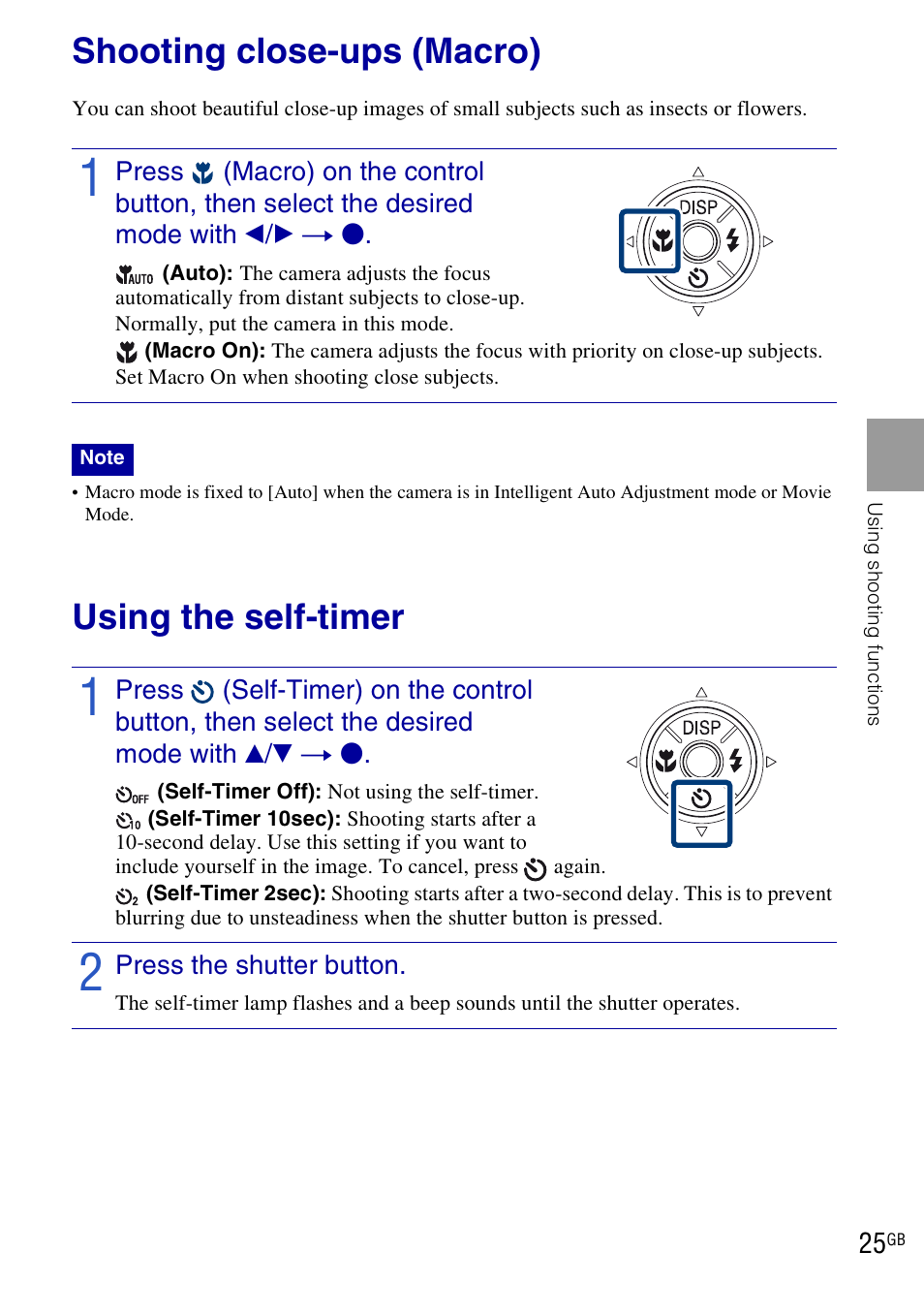 Shooting close-ups (macro), Using the self-timer | Sony DSC-H20 User Manual | Page 25 / 120