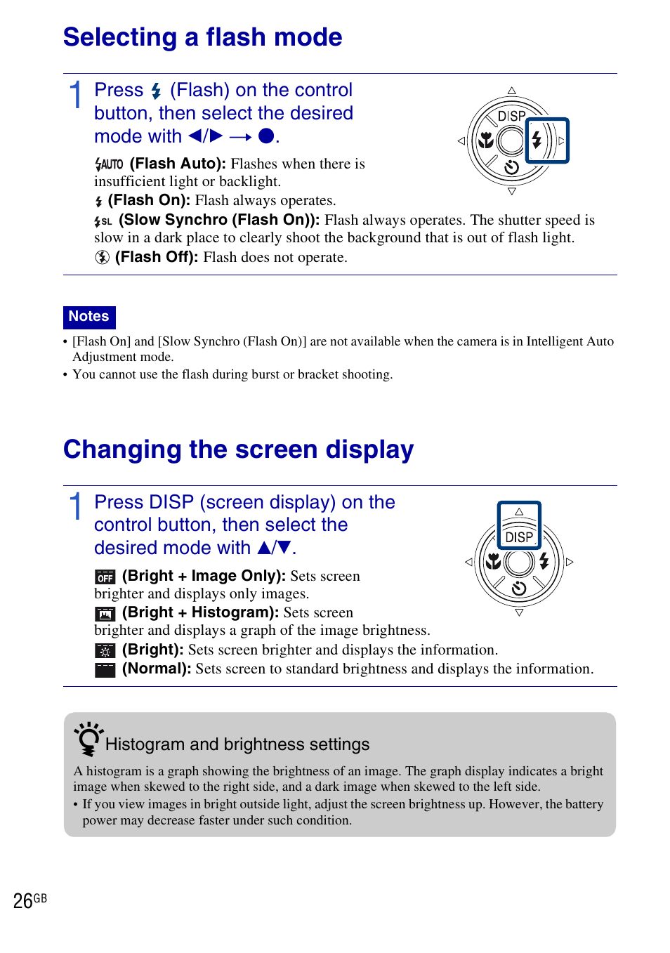 Selecting a flash mode, Changing the screen display, Selecting a flash mode changing the screen display | Sony DSC-H20 User Manual | Page 26 / 120