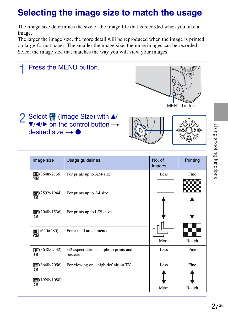 Selecting the image size to match the usage, Press the menu button | Sony DSC-H20 User Manual | Page 27 / 120