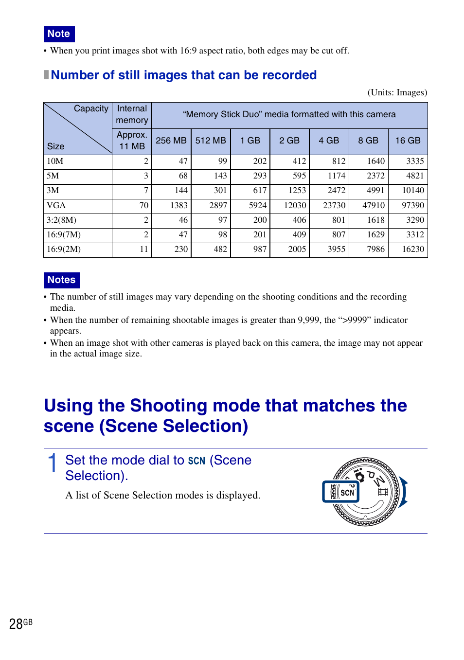 Set the mode dial to (scene selection), Xnumber of still images that can be recorded | Sony DSC-H20 User Manual | Page 28 / 120