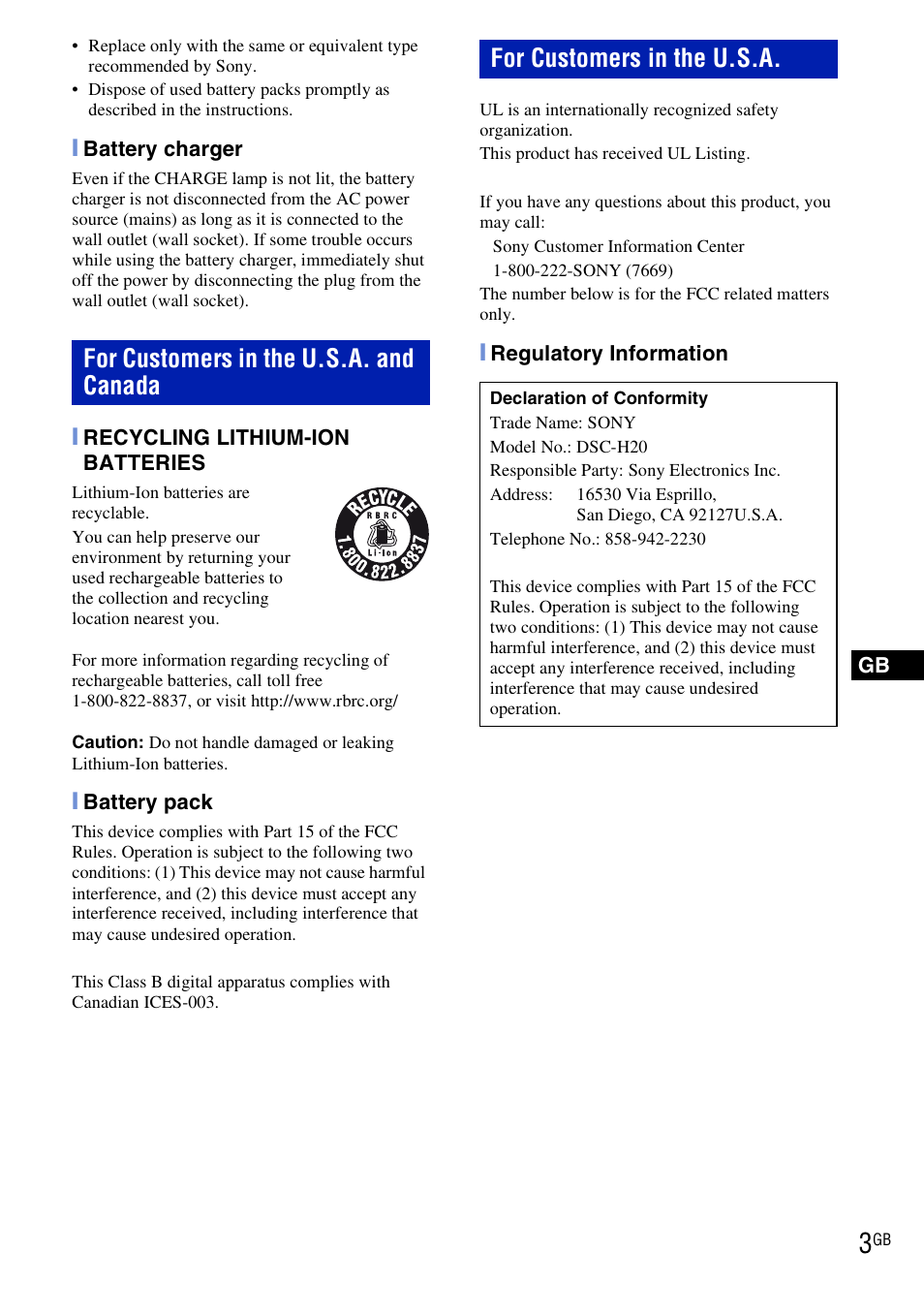 Sony DSC-H20 User Manual | Page 3 / 120