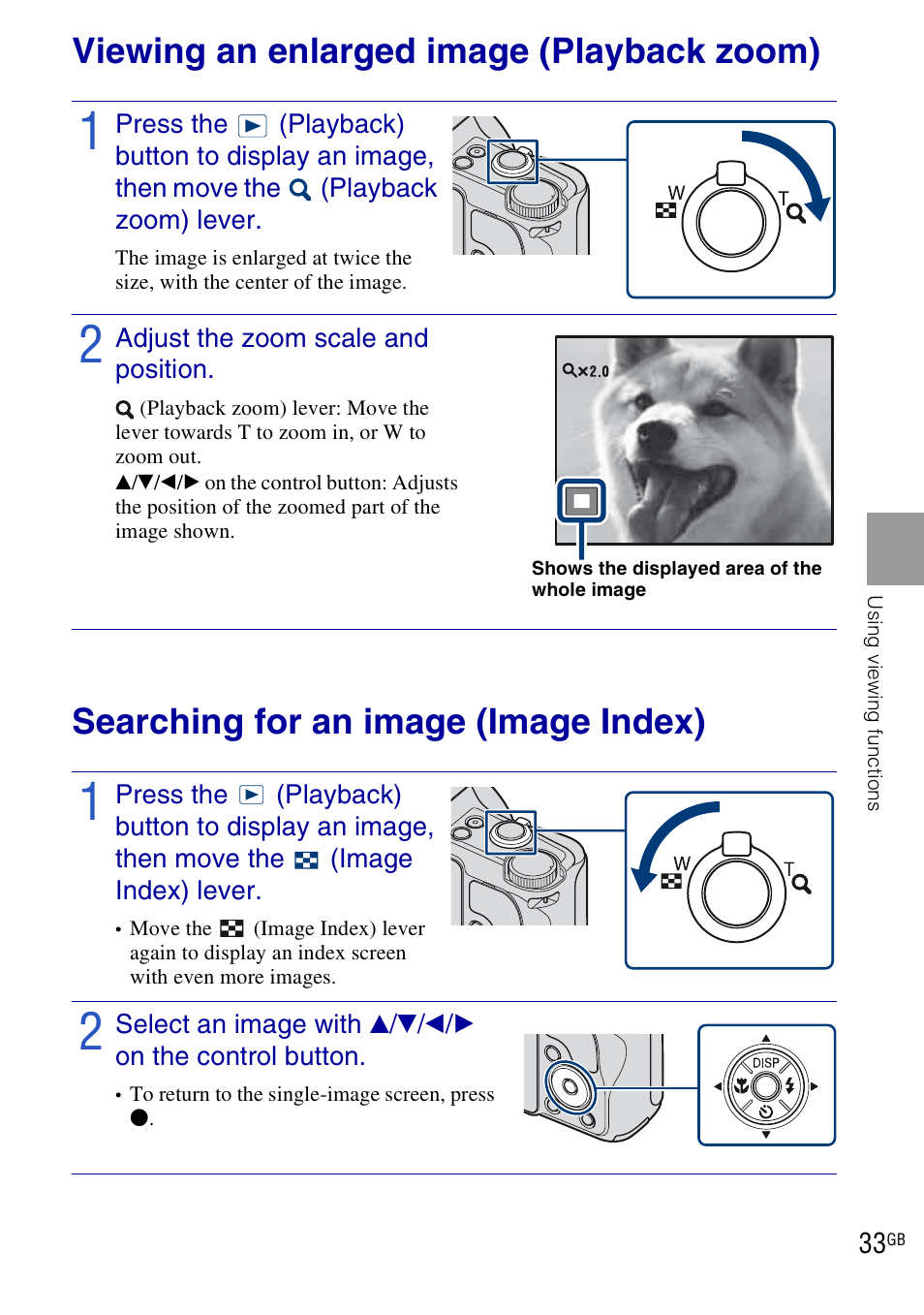 Using viewing functions, Viewing an enlarged image (playback zoom), Searching for an image (image index) | Sony DSC-H20 User Manual | Page 33 / 120