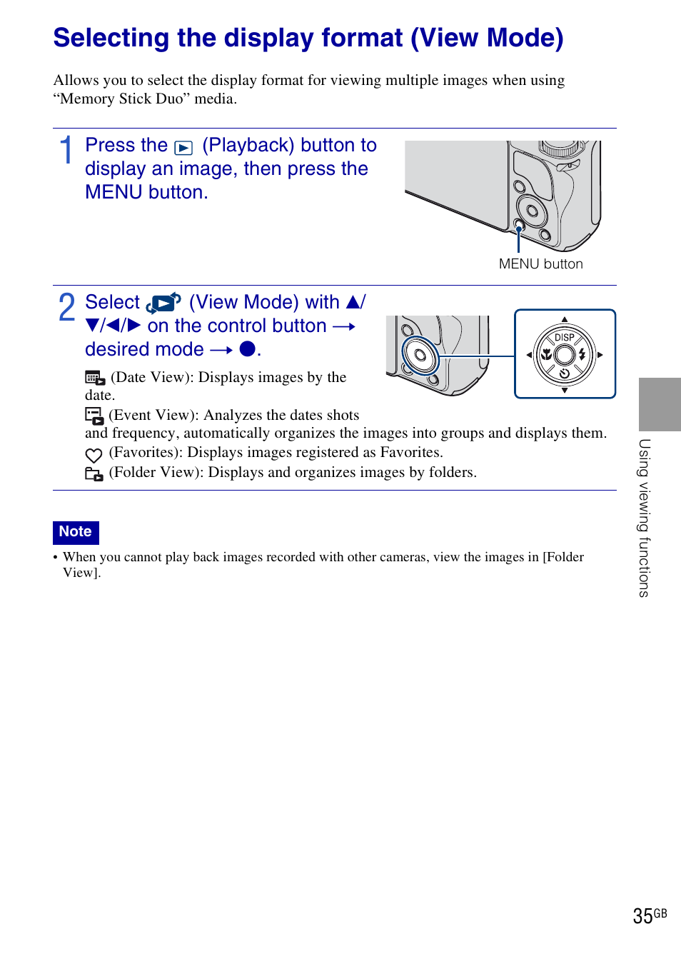 Selecting the display format (view mode) | Sony DSC-H20 User Manual | Page 35 / 120