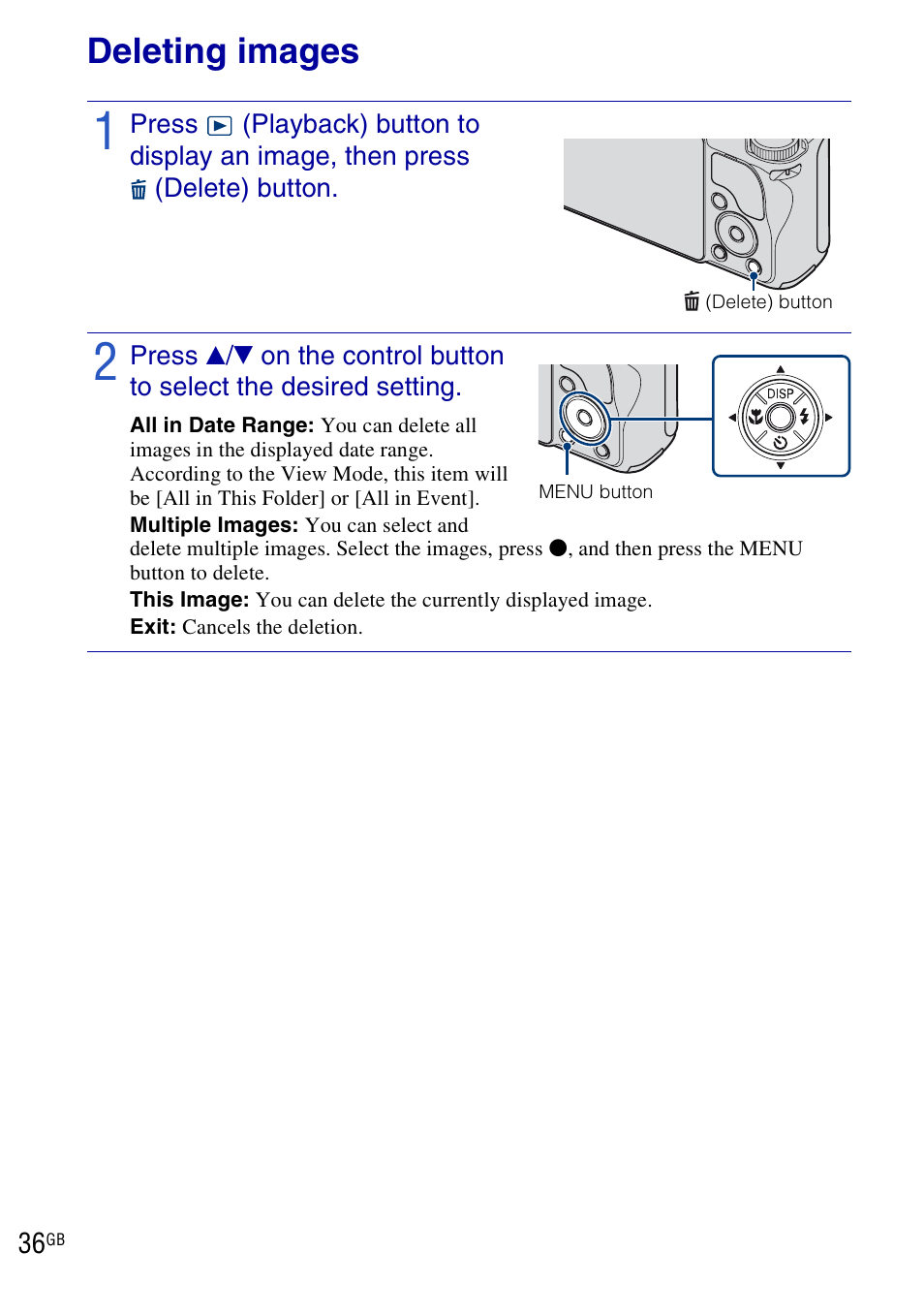 Deleting images | Sony DSC-H20 User Manual | Page 36 / 120