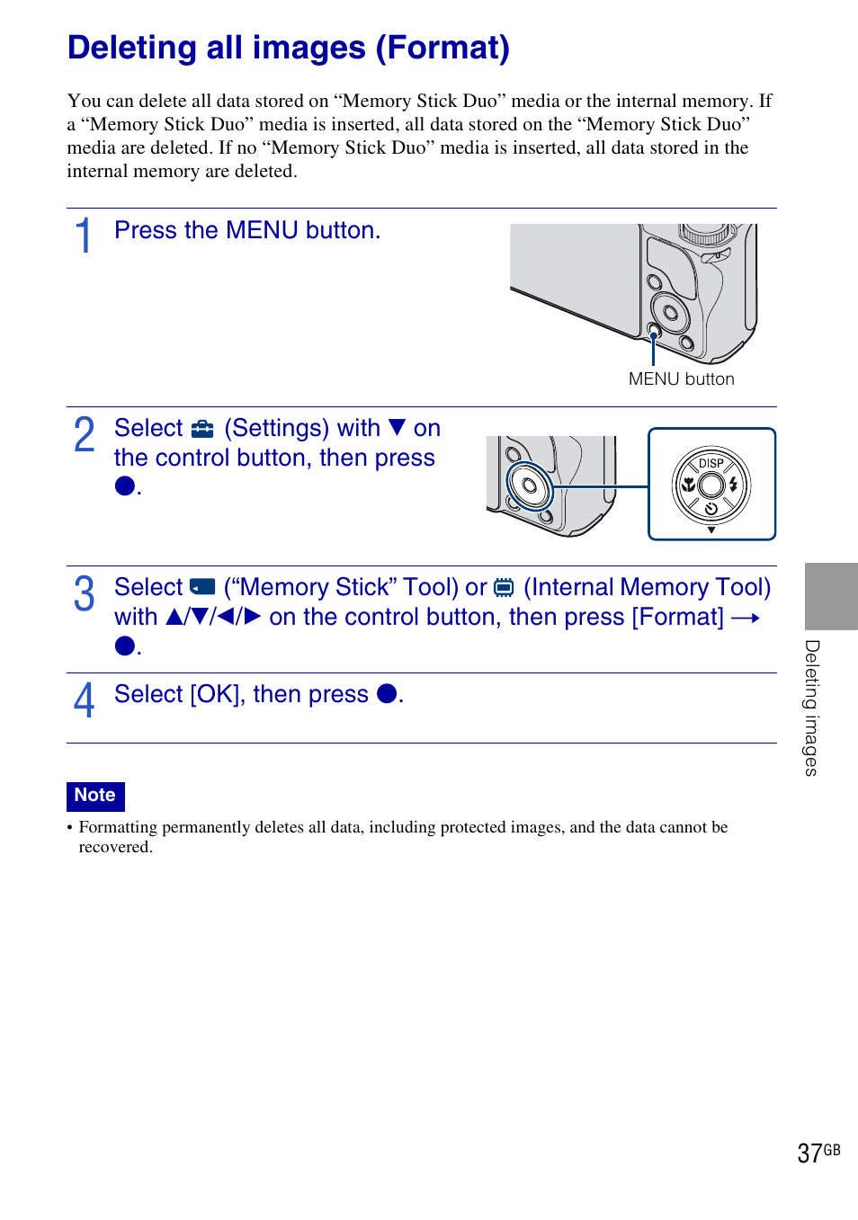 Deleting all images (format) | Sony DSC-H20 User Manual | Page 37 / 120