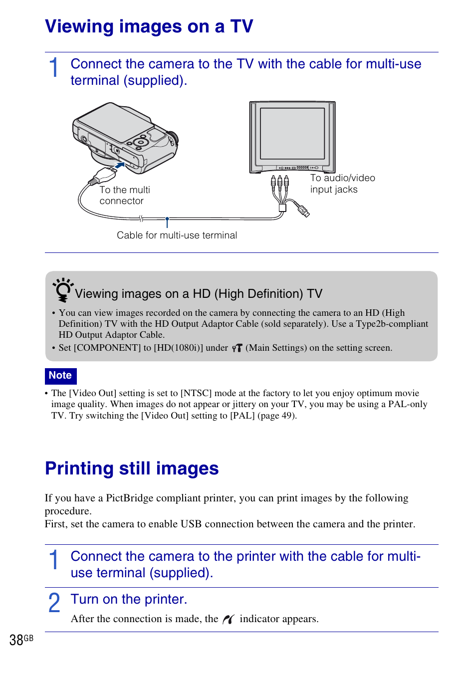 Connecting to other devices, Viewing images on a tv, Printing still images | Sony DSC-H20 User Manual | Page 38 / 120