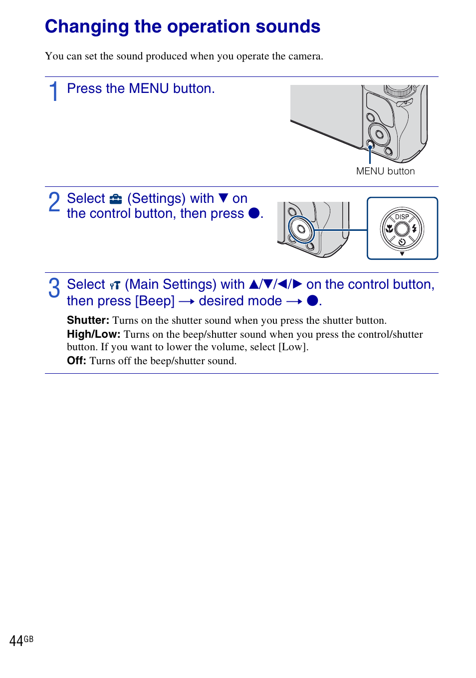 Changing camera settings, Changing the operation sounds | Sony DSC-H20 User Manual | Page 44 / 120