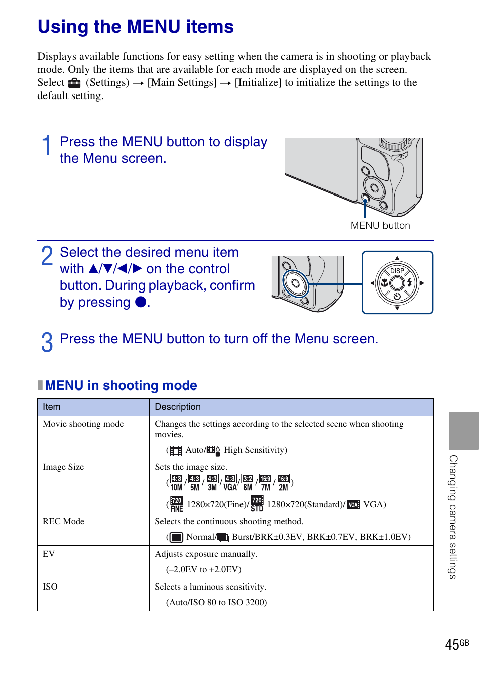 Using the menu items, Press the menu button to display the menu screen, Press the menu button to turn off the menu screen | Xmenu in shooting mode | Sony DSC-H20 User Manual | Page 45 / 120