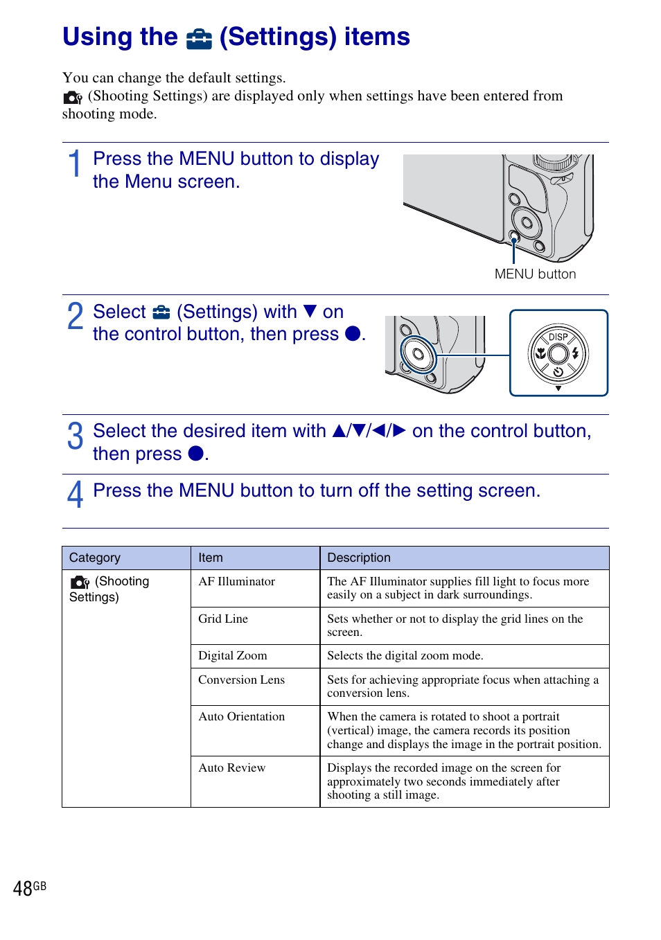 Using the (settings) items, Using the, Settings) items | Sony DSC-H20 User Manual | Page 48 / 120