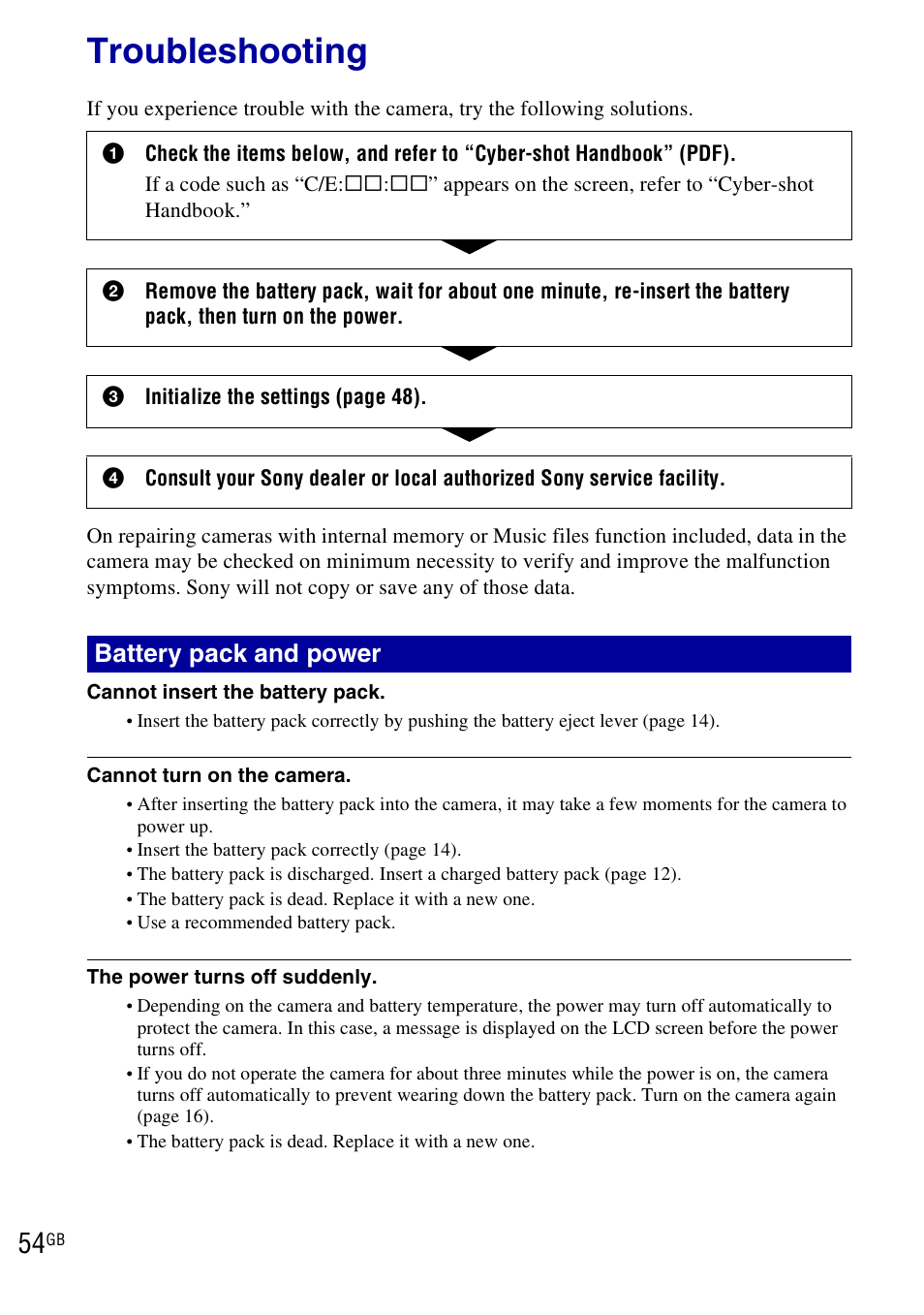 Troubleshooting, Battery pack and power | Sony DSC-H20 User Manual | Page 54 / 120