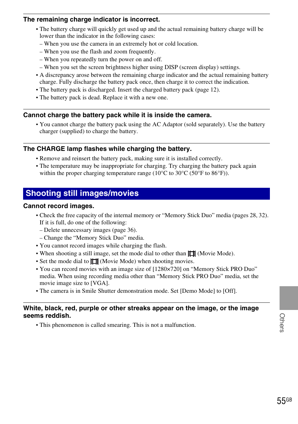 Shooting still images/movies | Sony DSC-H20 User Manual | Page 55 / 120