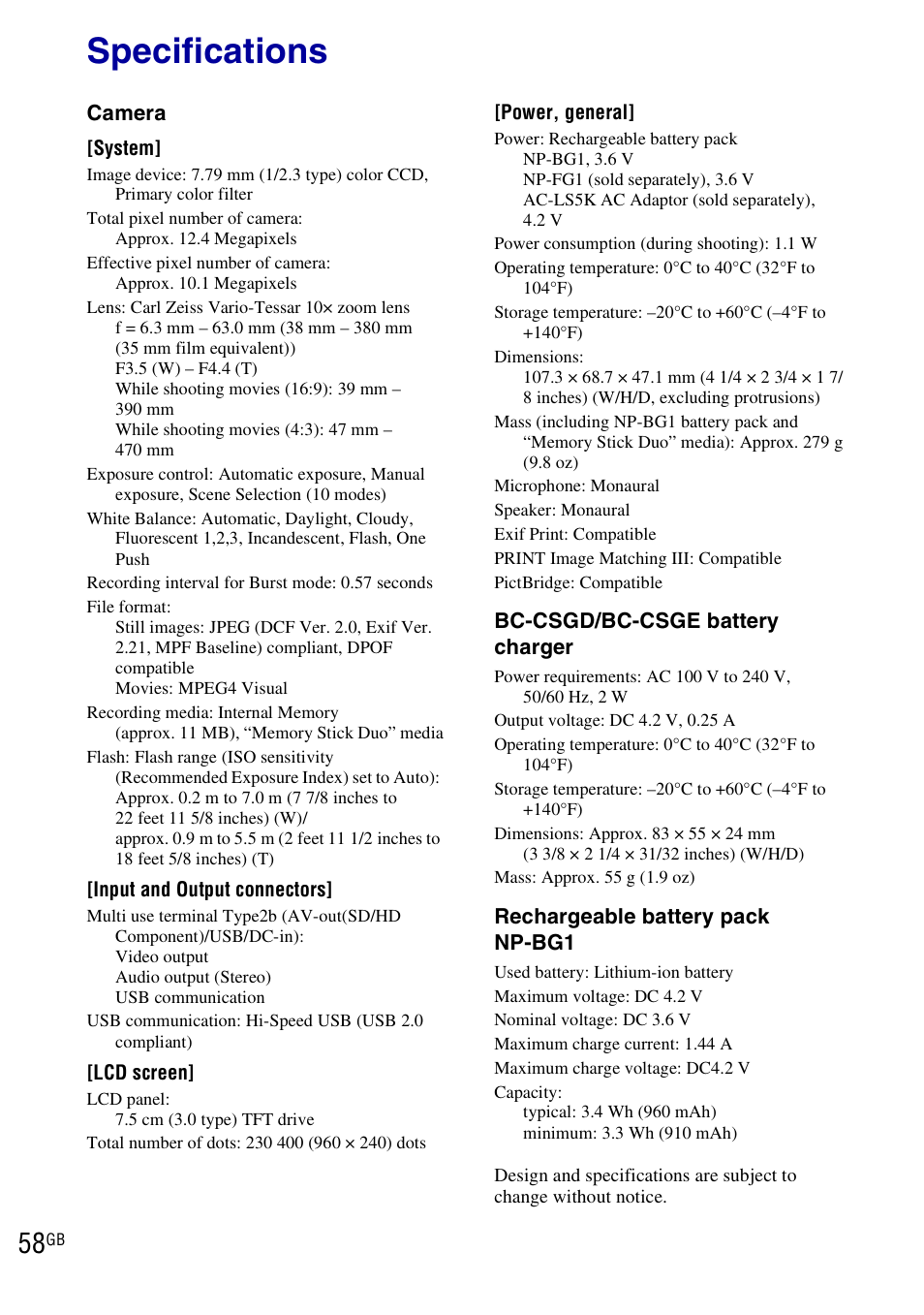 Specifications | Sony DSC-H20 User Manual | Page 58 / 120