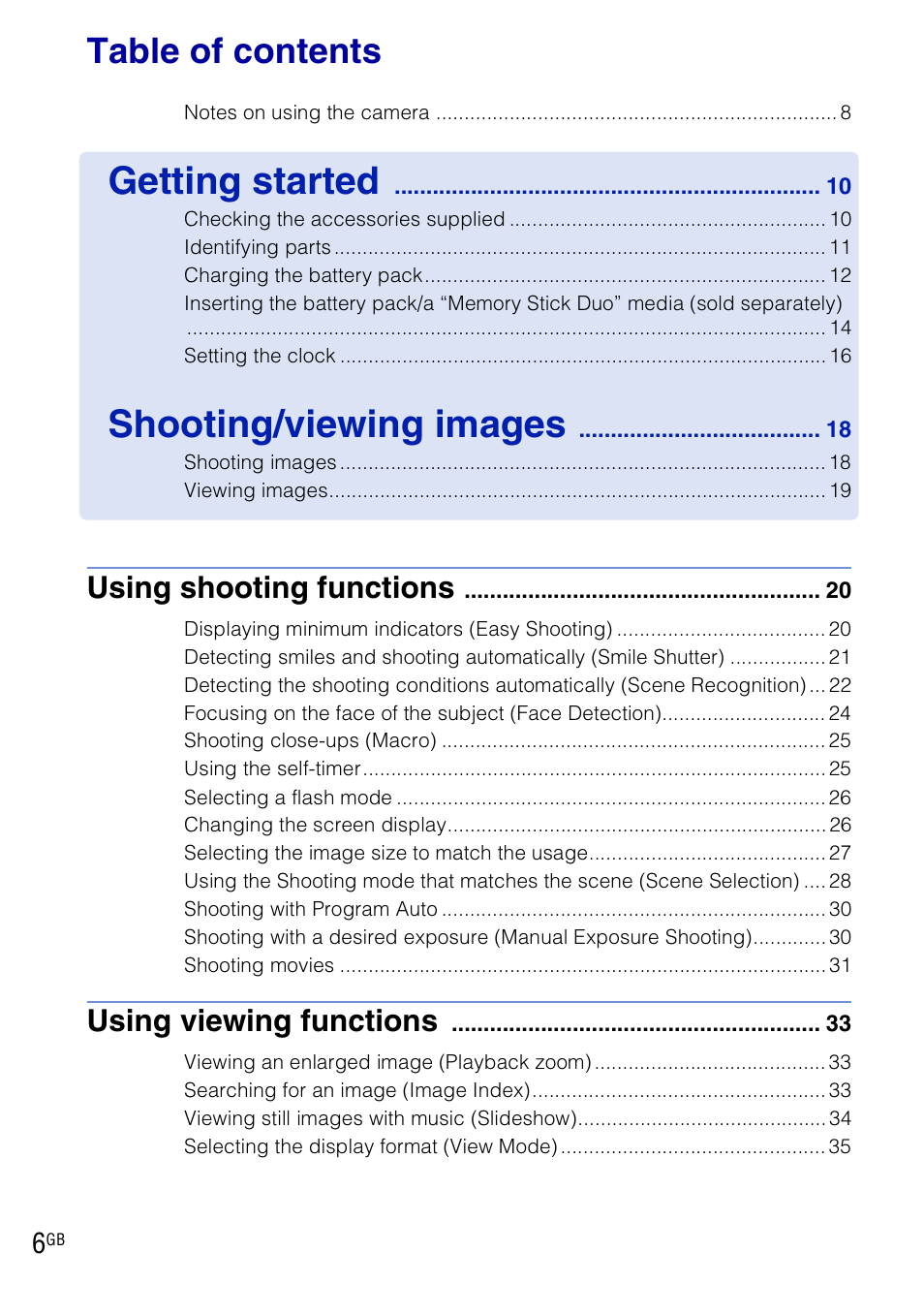 Sony DSC-H20 User Manual | Page 6 / 120