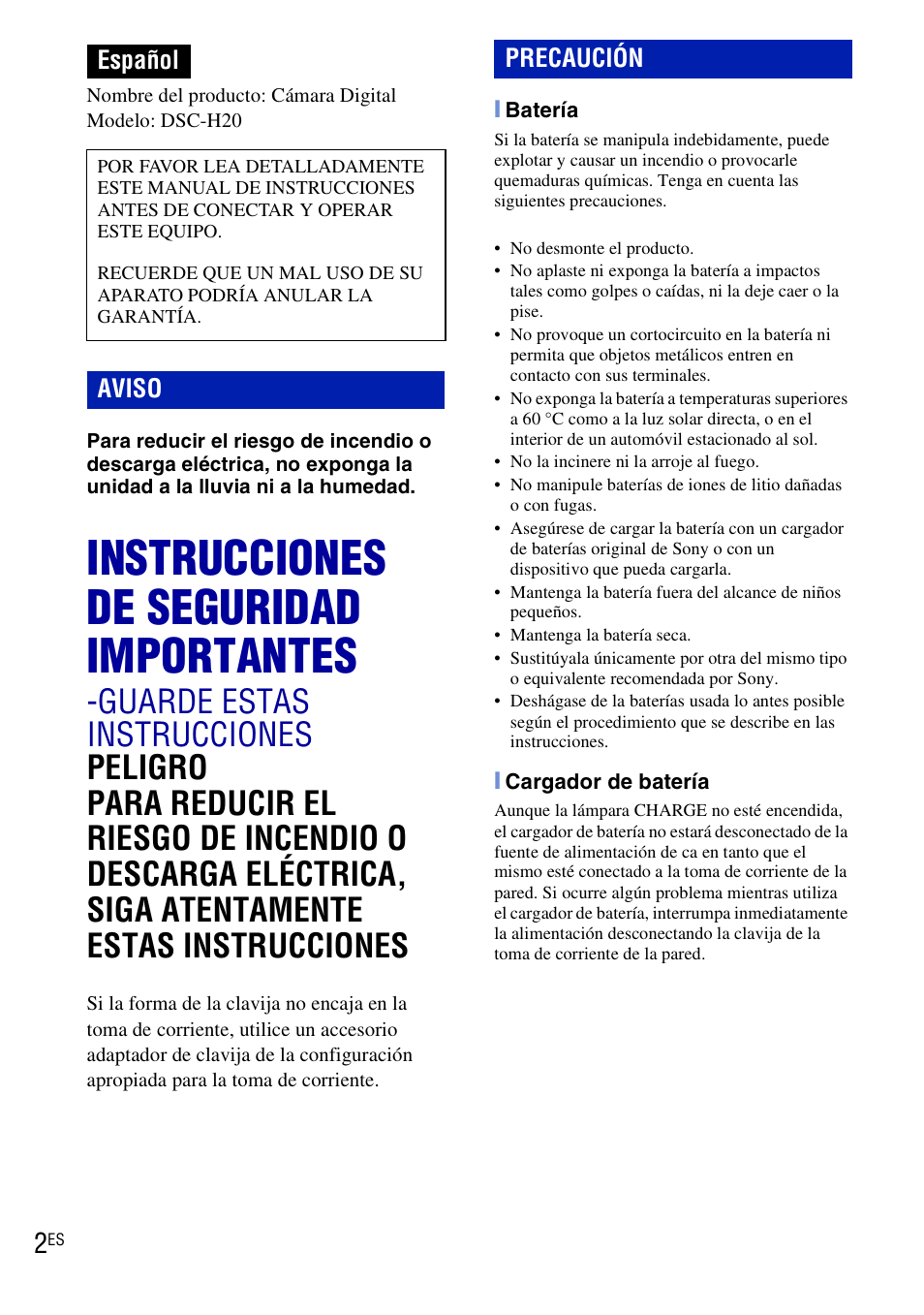 Instrucciones de seguridad importantes, Español, Aviso precaución | Sony DSC-H20 User Manual | Page 60 / 120